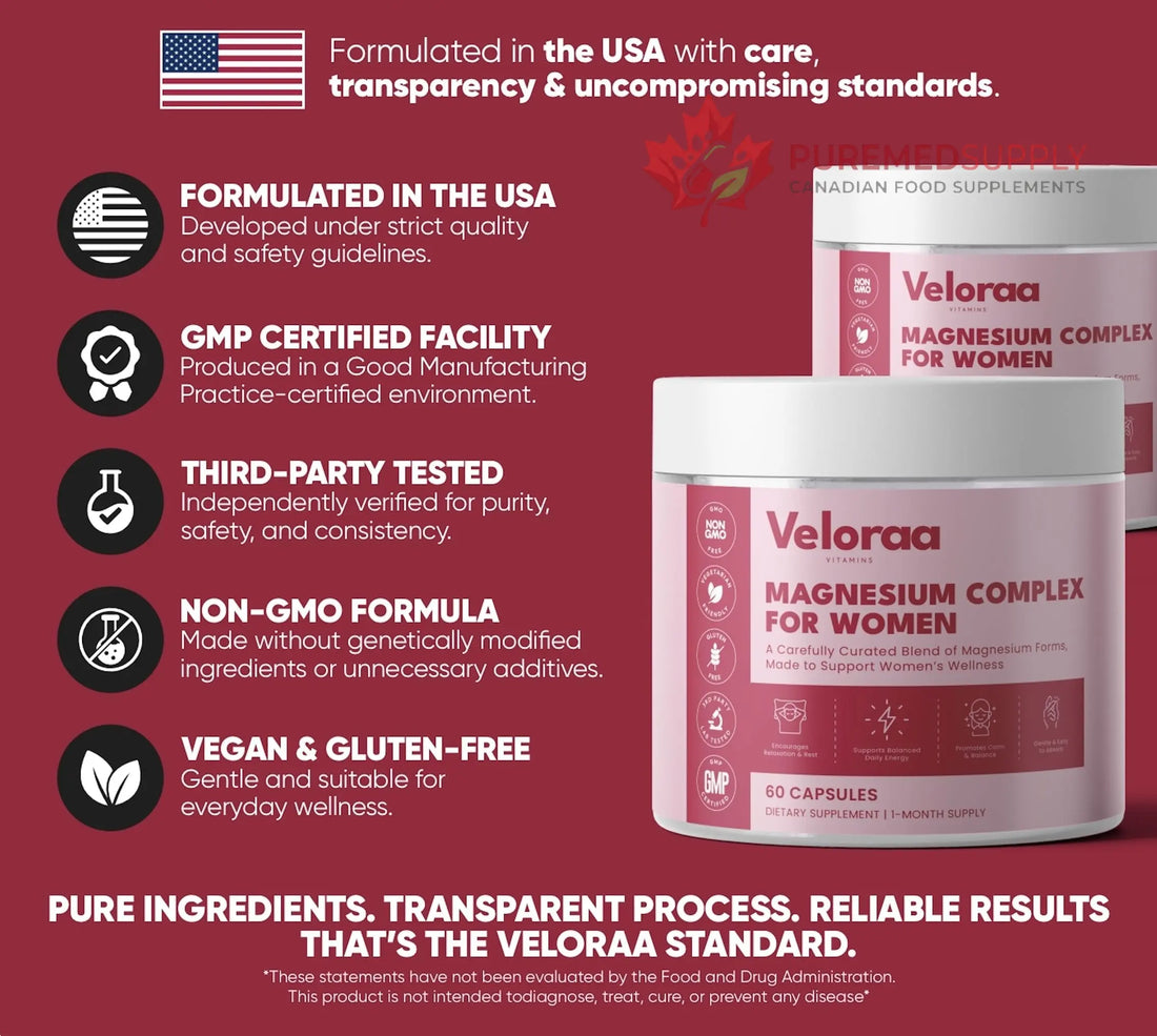 Premium Magnesium Complex for Women 60 Capsules | Complete 3-in-1 with Magnesium Glycinate Citrate & Malate Supports Calm, Digestion, Energy Vegan & Non-GMO Supplement | Veloraa Veloraa buy supplements canada