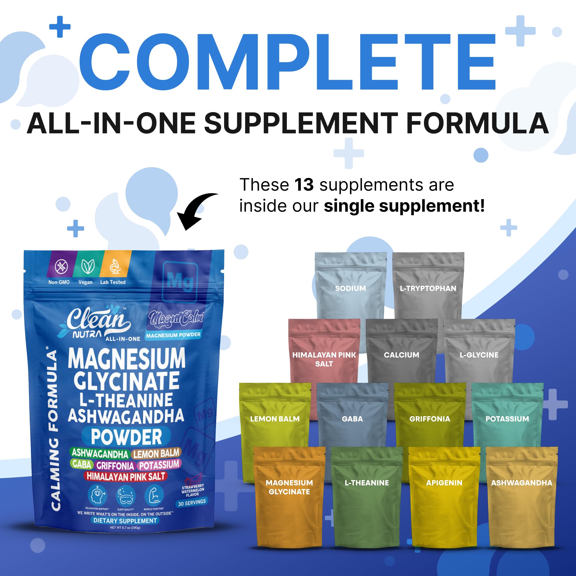 Magnesium Glycinate Powder Supplement + L Theanine Ashwagandha Glycine Apigenin Lemon Balm GABA 5HTP Pink Salt Potassium L Tryptophan Calcium | Powdered Sleep Aid Calm Trace Minerals Vitamin Clean Nutraceuticals buy supplements canada