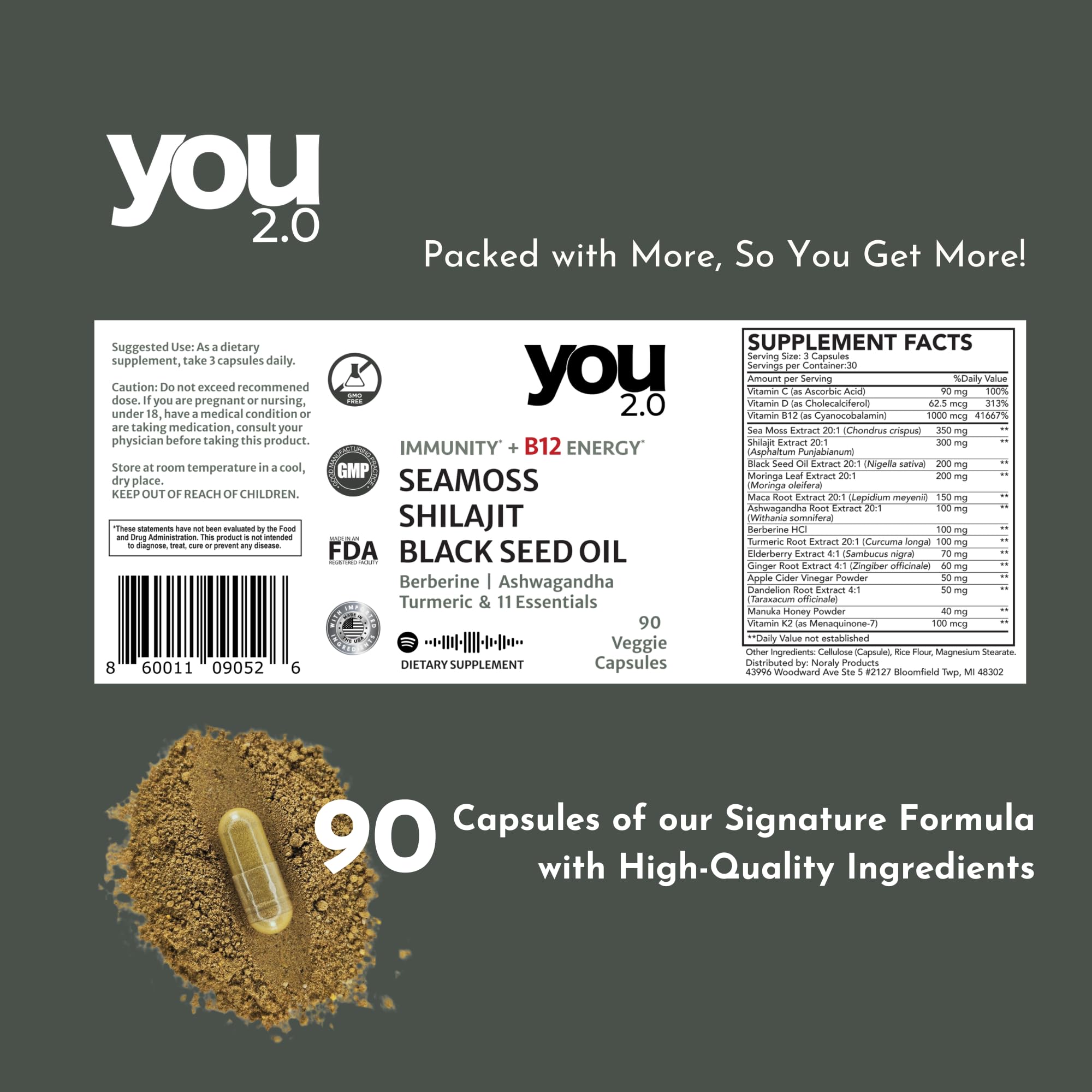 YOU 2.0 Powerhouse Superfood with Seamoss, Shilajit, Ashwagandha, Berberine, Maca, Black Seed Oil, Turmeric, Vitamin C, D, B12, K2 - Moringa, Apple Cider, Made in USA for Overall Health & Immunity YOU 2.0 buy supplements canada