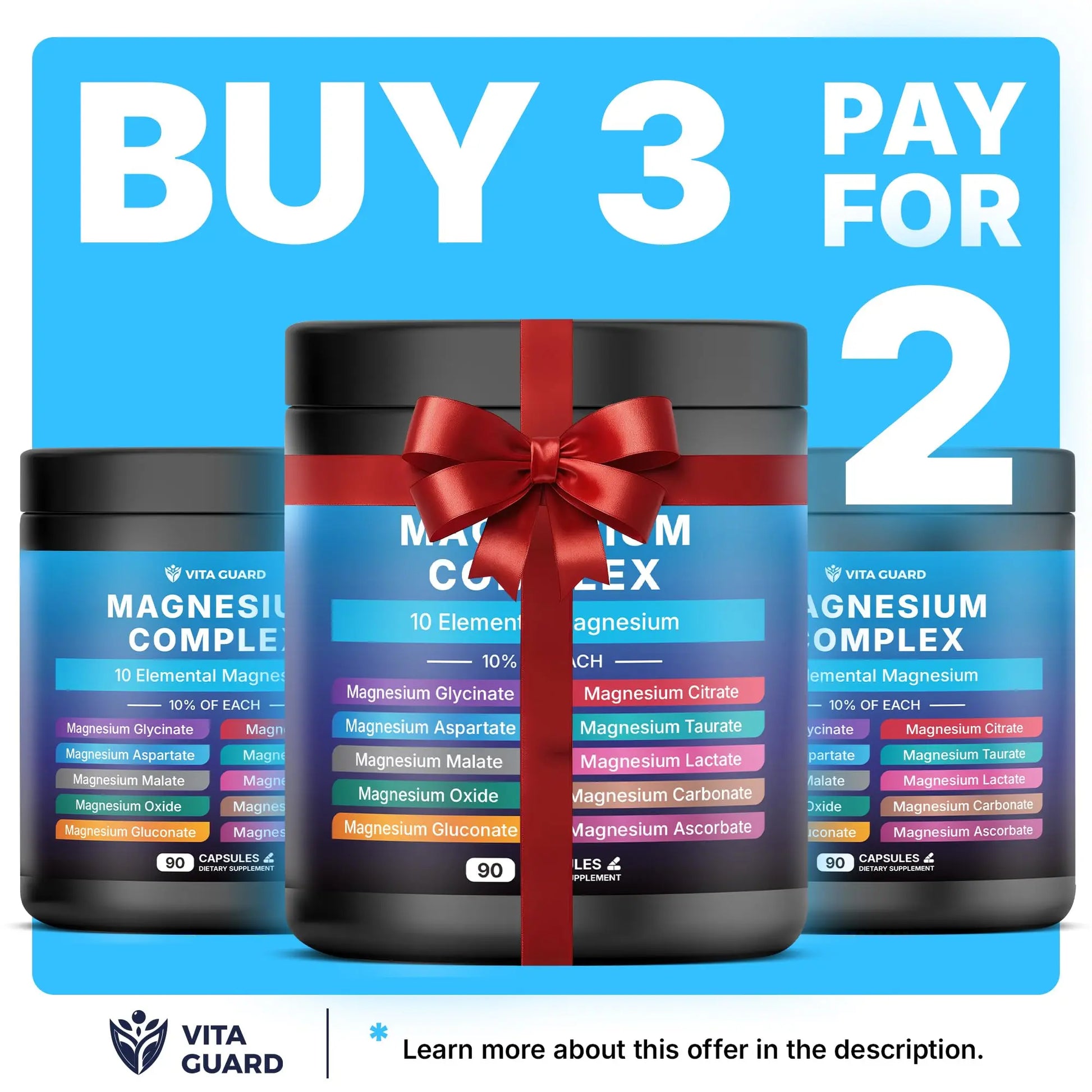 Vita Guard Magnesium Complex 1480mg – 10-in-1 with Glycinate, Citrate, Malate & More – High Absorption – Sleep, Muscle, Nerve & Heart Support – 90 Vegan Capsules – Non-GMO, Gluten-Free, No Sugar Vita Guard buy supplements canada