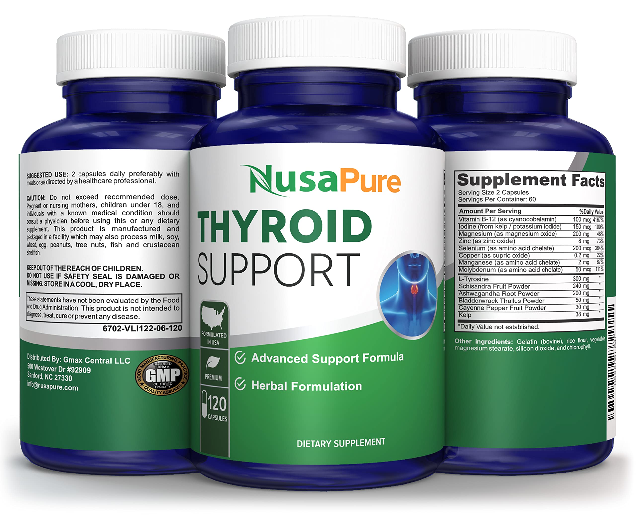 NusaPure Thyroid Support Supplement (Non-GMO) 120 caps, Ashwaganda, Iodine, Zinc, kelp, Vitamin B12, L-Tyrosine, Selenium, Copper NusaPure buy supplements canada