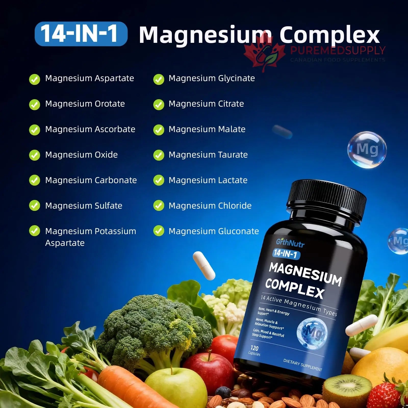 14-in-1 Magnesium Complex Supplement, 1200mg Elemental Magnesium Glycinate, Citrate, Malate, Taurate - Magnesium Complex for Women Nerves, Bone & Heart Health | Non-GMO GrthNutr buy supplements canada