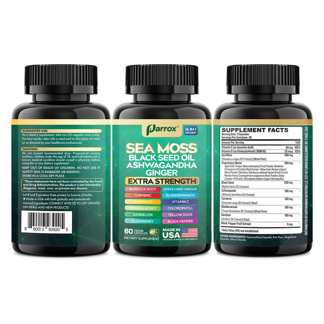 Parrox Sea Moss, Black Seed Oil, Ashwagandha, Turmeric, Chlorophyll, Dandelion, Ginger, Vitamin D3, Black Pepper, Elderberry, ACV, Yellow Dock, Burdock Root, Manuka, Vitamin C, Bladderwrack (60 Caps) Parrox buy supplements canada