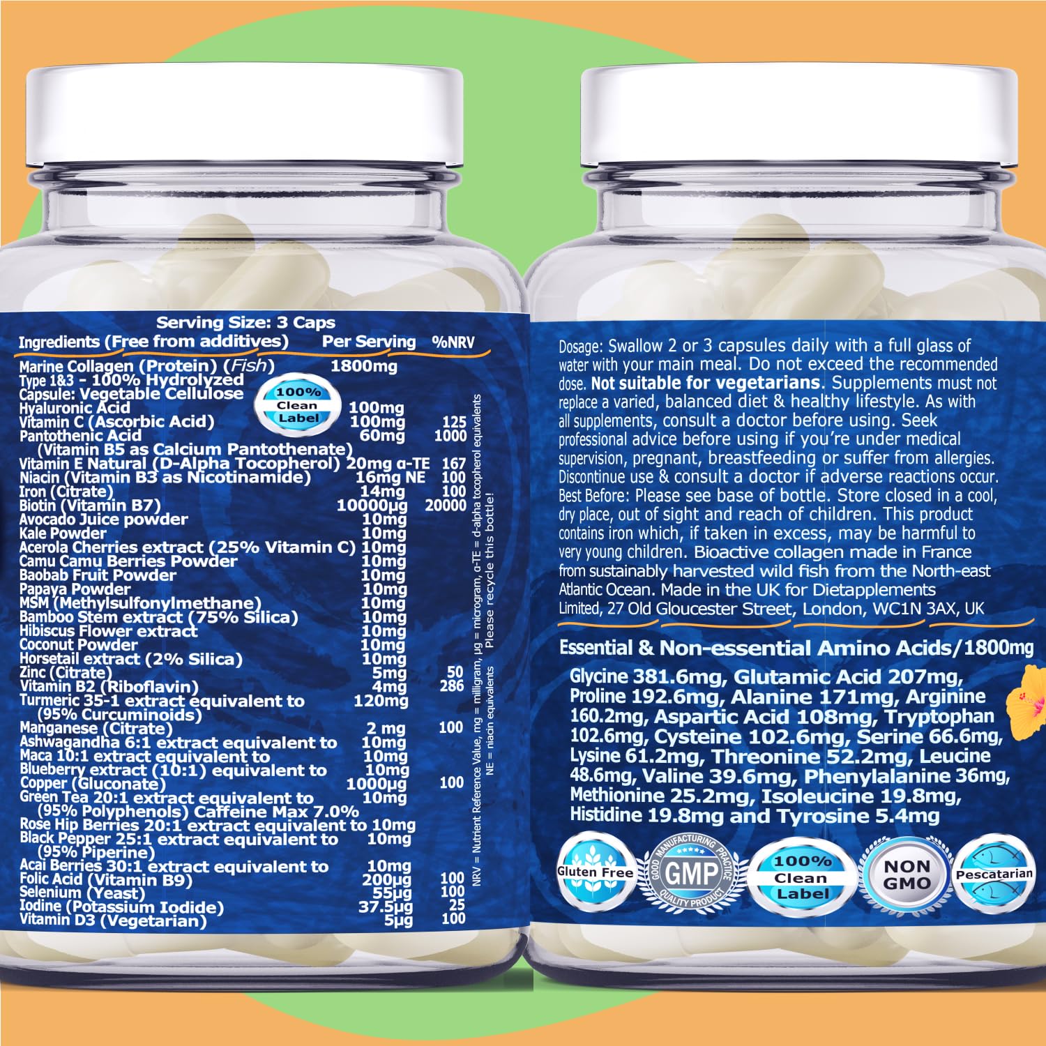 Marine Collagen Type1&3 1800mg, Biotin 10000mcg/serving, Hyaluronic Acid, Vitamins, Minerals, Botanicals Dietapplements buy supplements canada