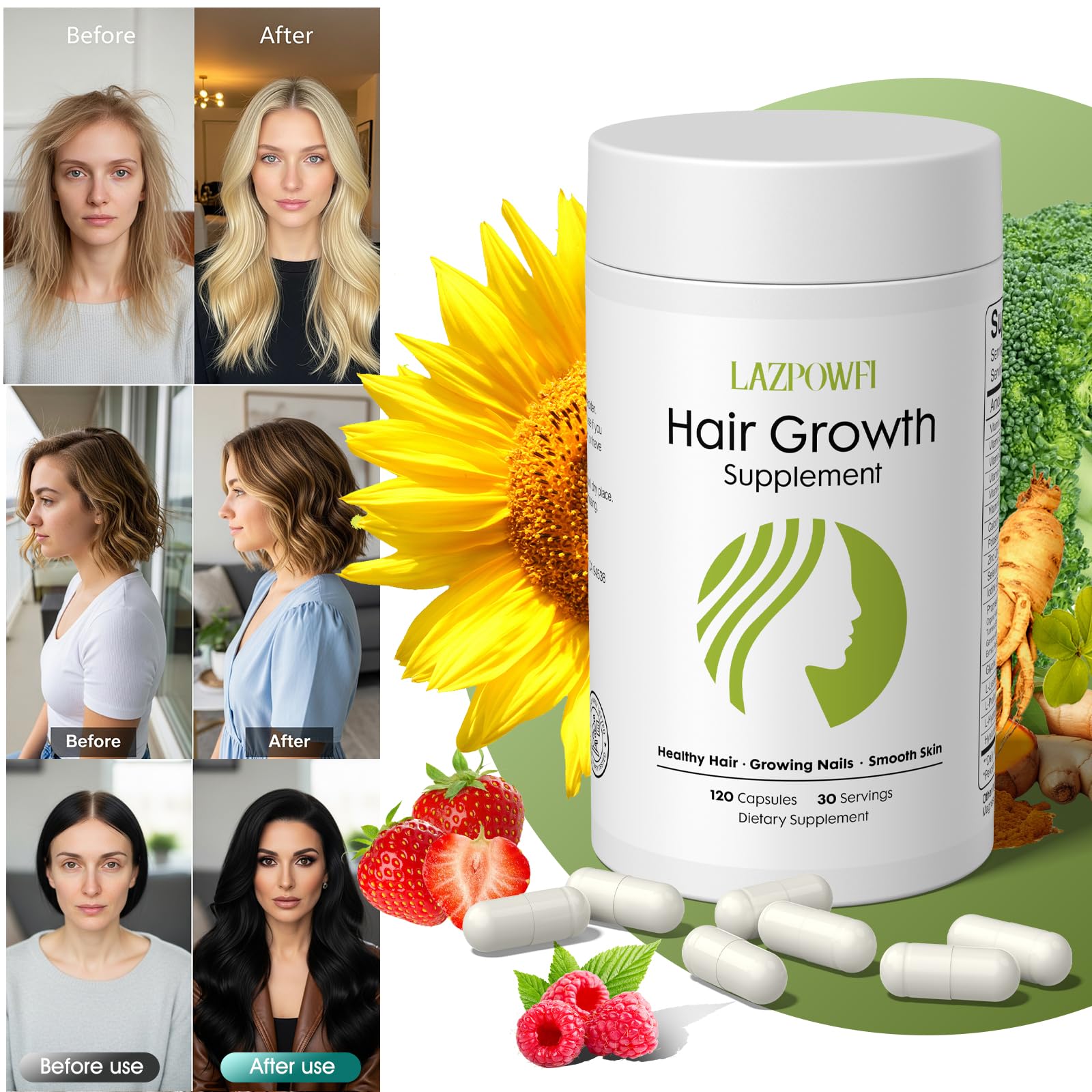 Lazpowfi Hair Growth Supplement, Biotin 10000mcg, 32-in-1 with Vitamin A, B3, C, Magnesium, Calcium, Hair Growth Products, Supports Hair & Nails Natural Growth Vitamins, for Women & Men - 30 Servings Lazpowfi buy supplements canada