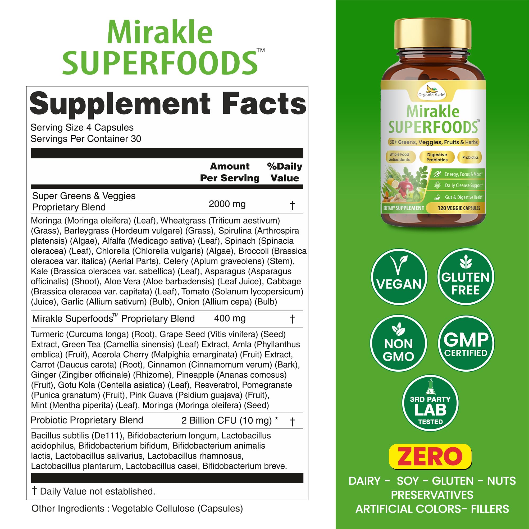 Organic Veda Mirakle Superfoods Greens Capsules - 30+ Daily Greens and Veggies Supplement with Moringa, Spirulina, Chlorella, Turmeric & Herbs, Antioxidants, Resveratrol, Probiotics - 120 Capsule Organic Veda buy supplements canada