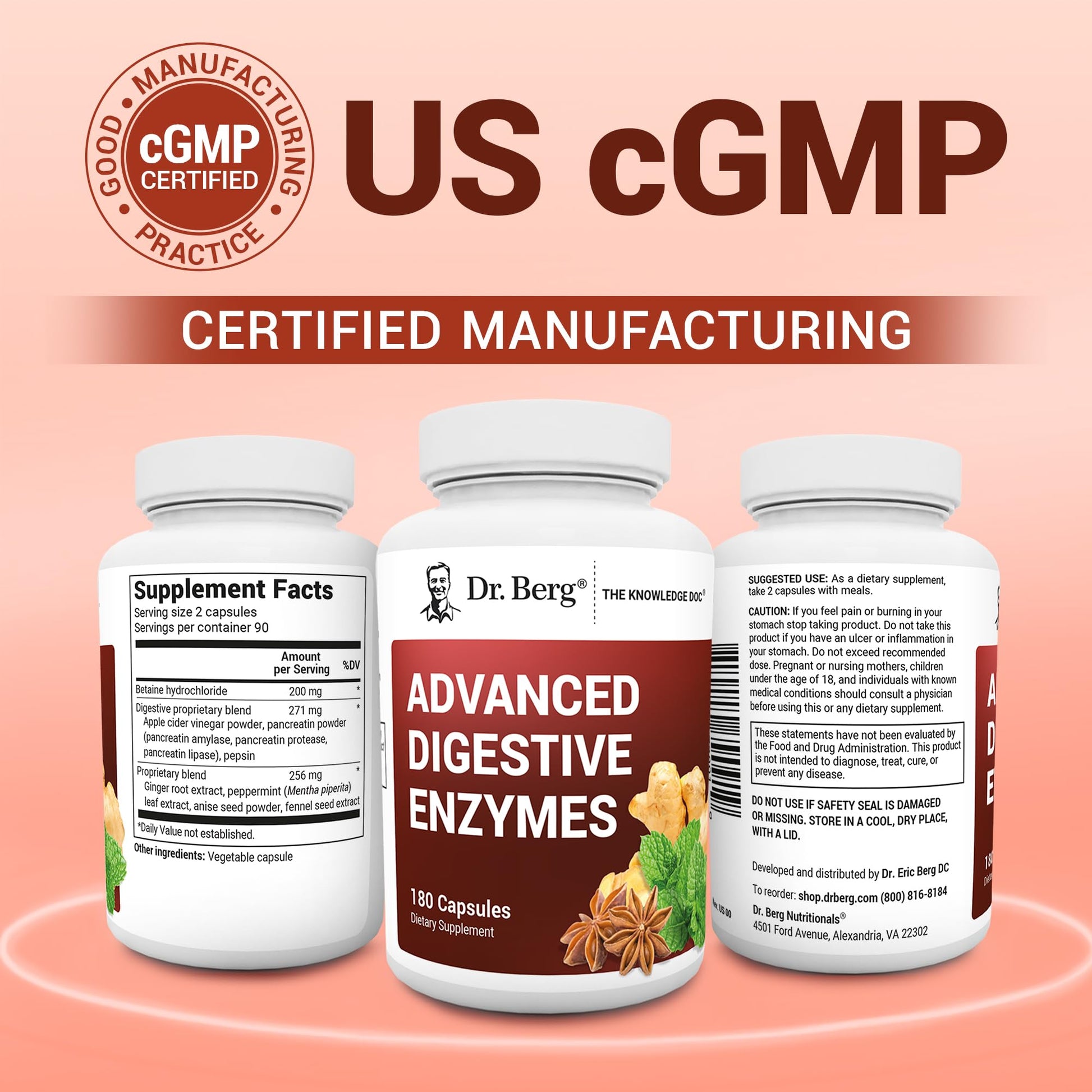 Dr. Berg Advanced Digestive Enzymes with Apple Cider Vinegar - Includes Digestive Health Ingredients Like Betaine Hydrochloride (HCI), Ginger Root & Peppermint Leaf - 180 Capsules Dr. Berg Nutritionals buy supplements canada