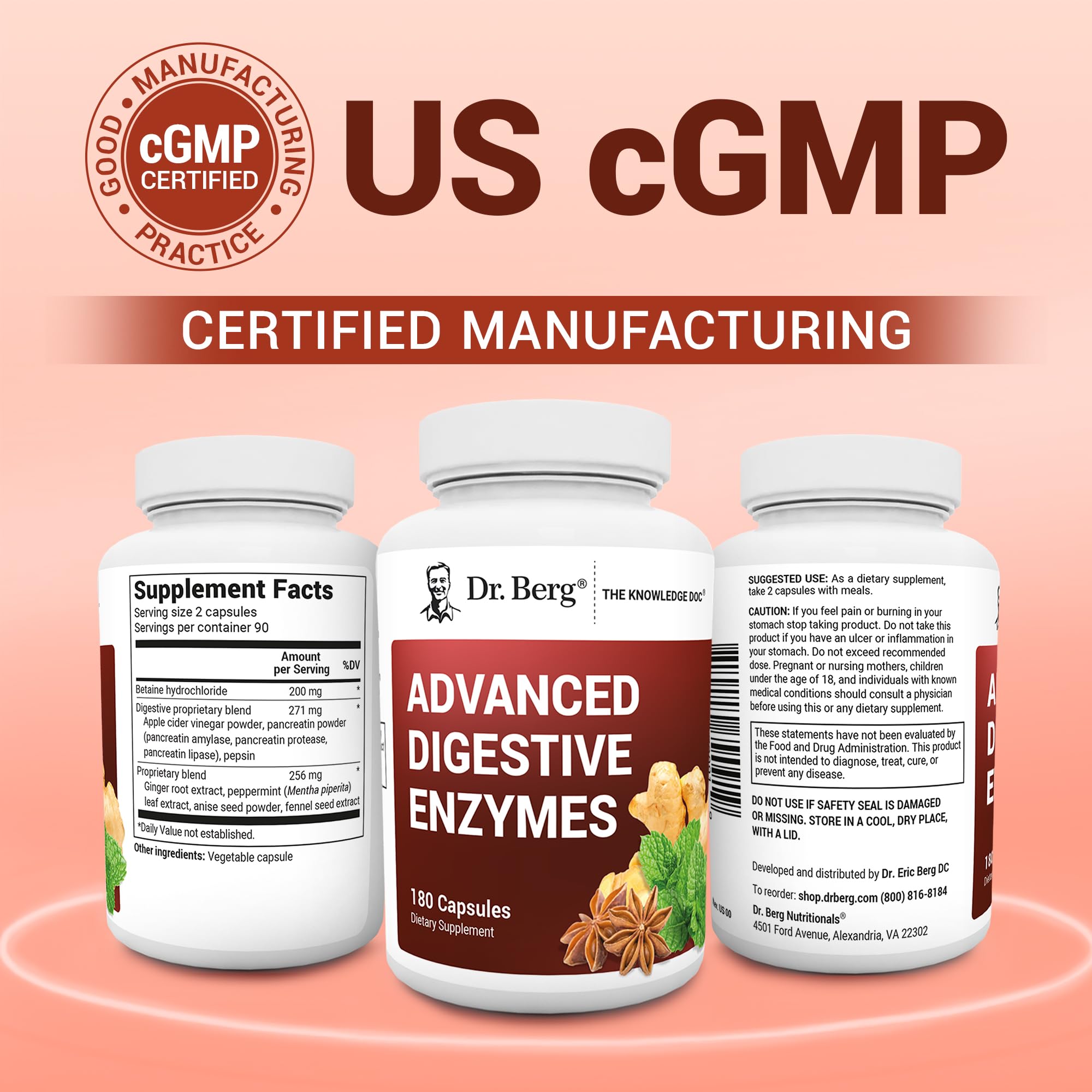 Dr. Berg Advanced Digestive Enzymes with Apple Cider Vinegar - Includes Digestive Health Ingredients Like Betaine Hydrochloride (HCI), Ginger Root & Peppermint Leaf - 180 Capsules Dr. Berg Nutritionals buy supplements canada
