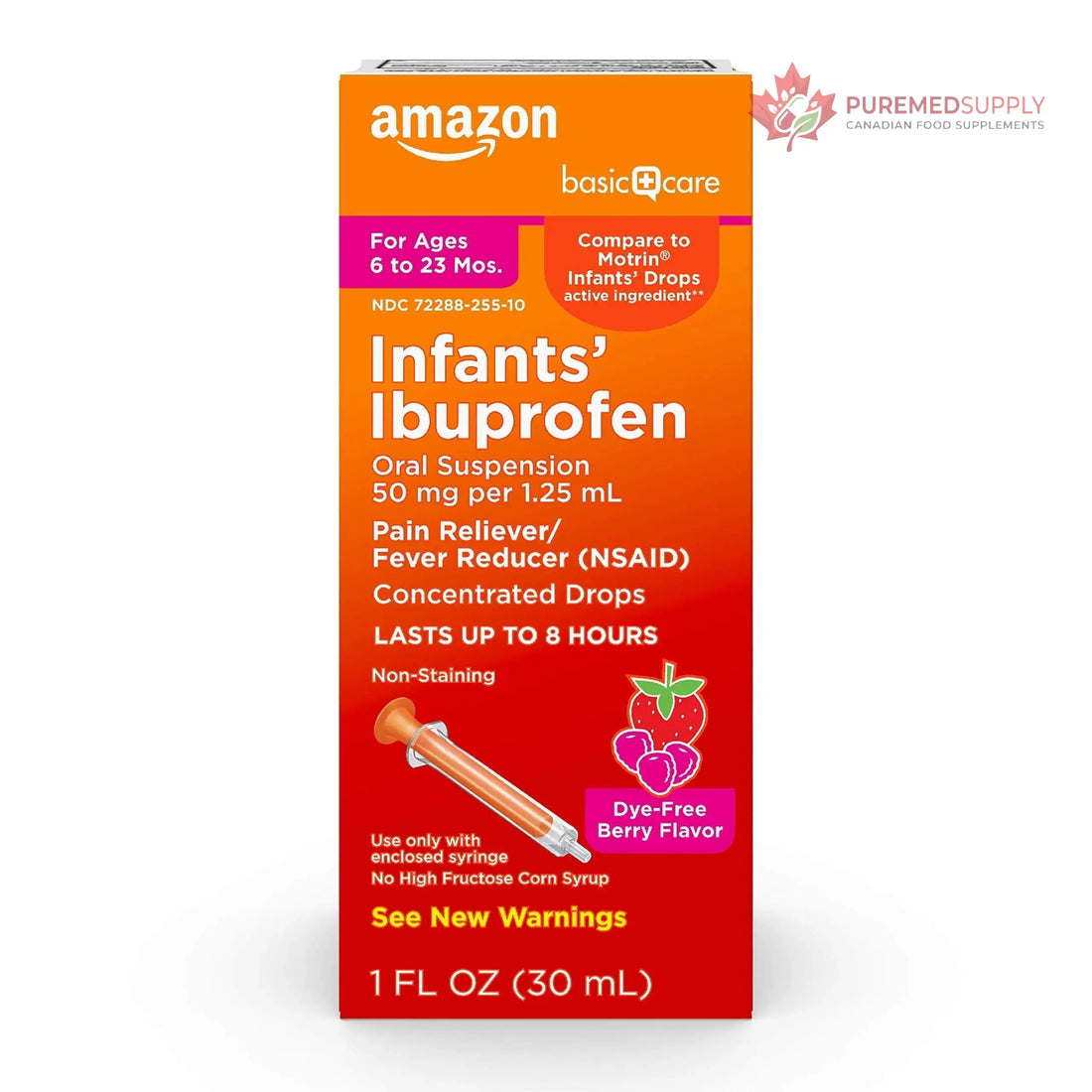 Amazon Basic Care Infants' Ibuprofen Oral Suspension, Pain Reliever and Fever Reducer, 50 mg/1.25 mL, Berry Flavor Concentrated Drops, Dye-Free, 1 fl oz (Pack of 1) Amazon Basic Care buy supplements canada