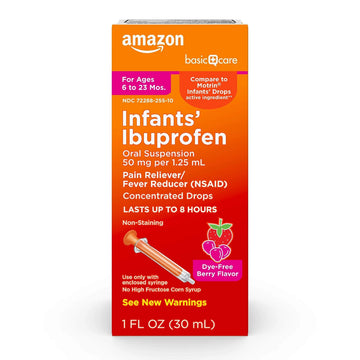 Amazon Basic Care Infants' Ibuprofen Oral Suspension, Pain Reliever and Fever Reducer, 50 mg/1.25 mL, Berry Flavor Concentrated Drops, Dye-Free, 1 fl oz (Pack of 1) Amazon Basic Care buy supplements canada