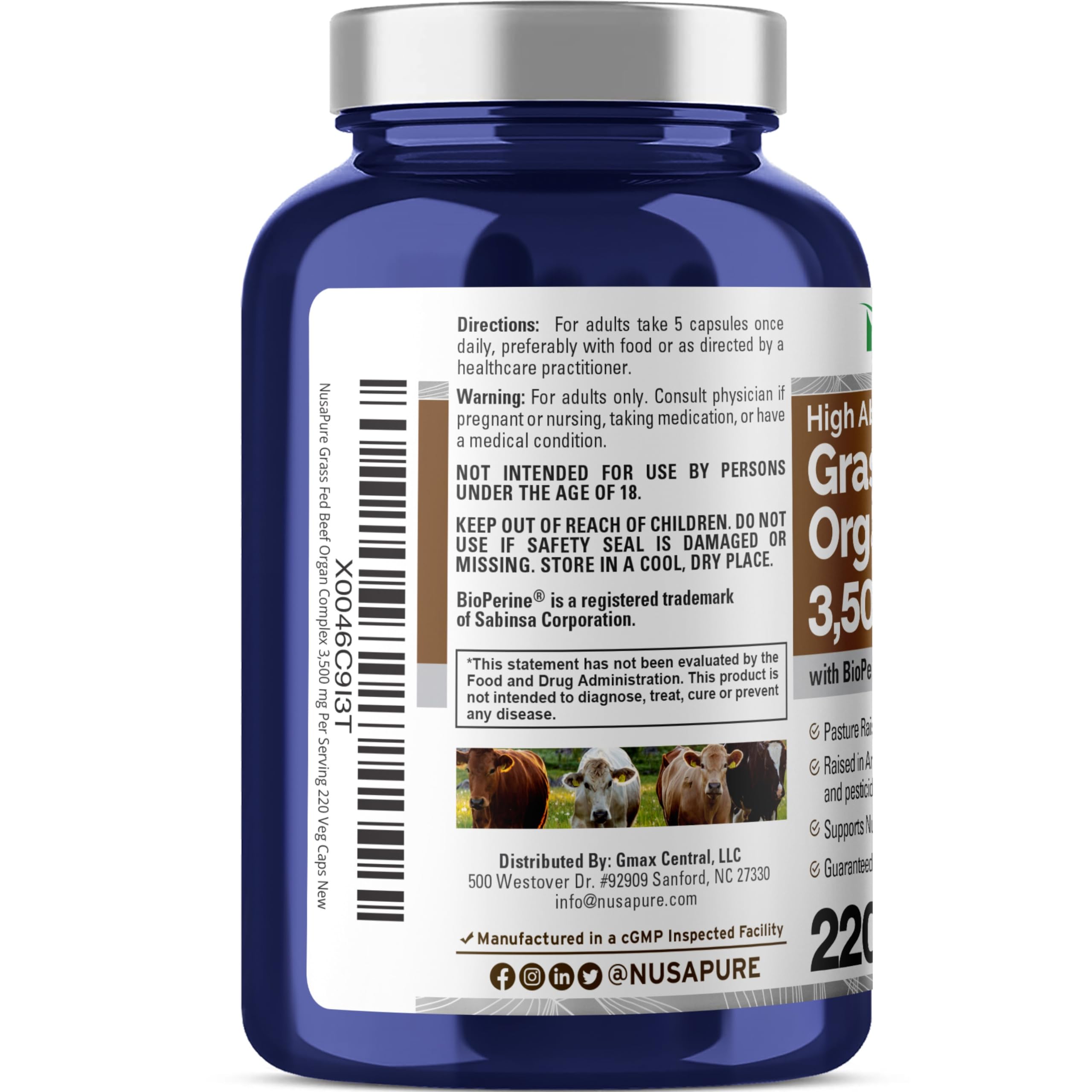 NusaPure Grass Fed Beef Organ Complex | 220 Capsules | Pasture Raised | with Desiccated Liver, Kidney, Pancreas, Heart, Spleen | Soyfree Non-GMO, Bioperine NusaPure buy supplements canada