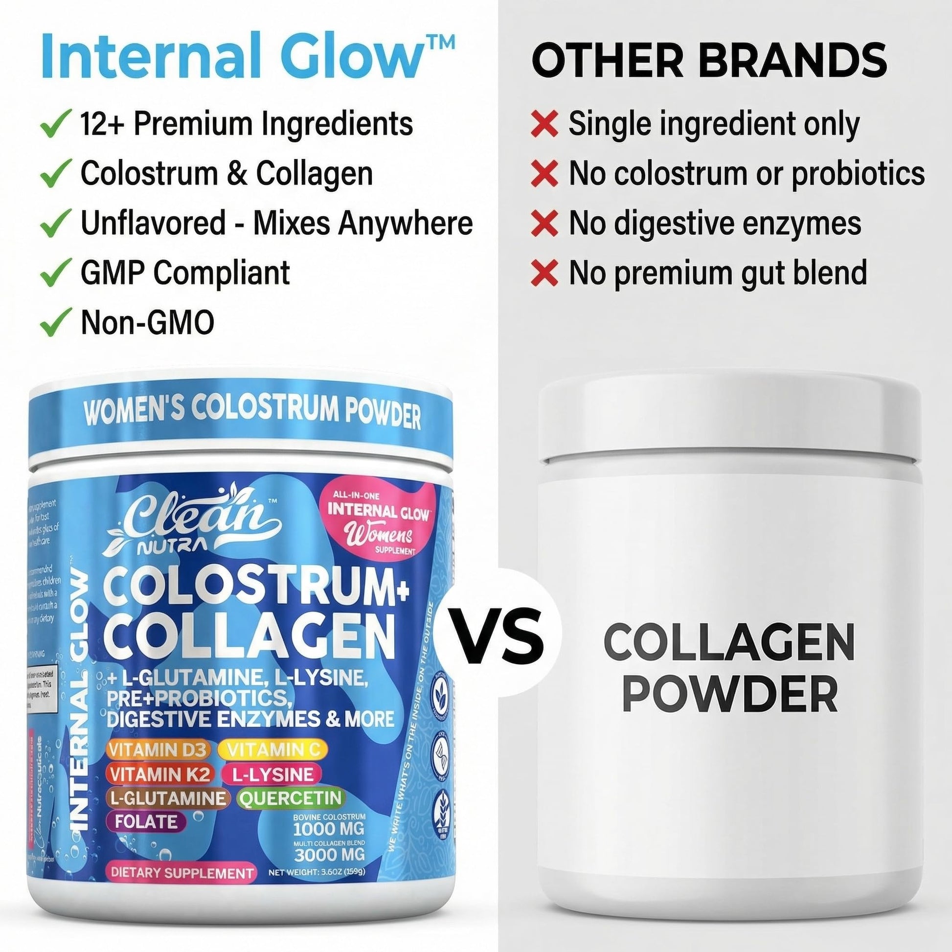 Bovine Colostrum Powder + Collagen Peptides with L-Glutamine L-Lysine Prebiotics Probiotics Digestive Enzymes Vitamin D K2 C Quercetin & Folate | Gut Health Supplement Internal Glow By Clean Nutra Clean Nutraceuticals buy supplements canada
