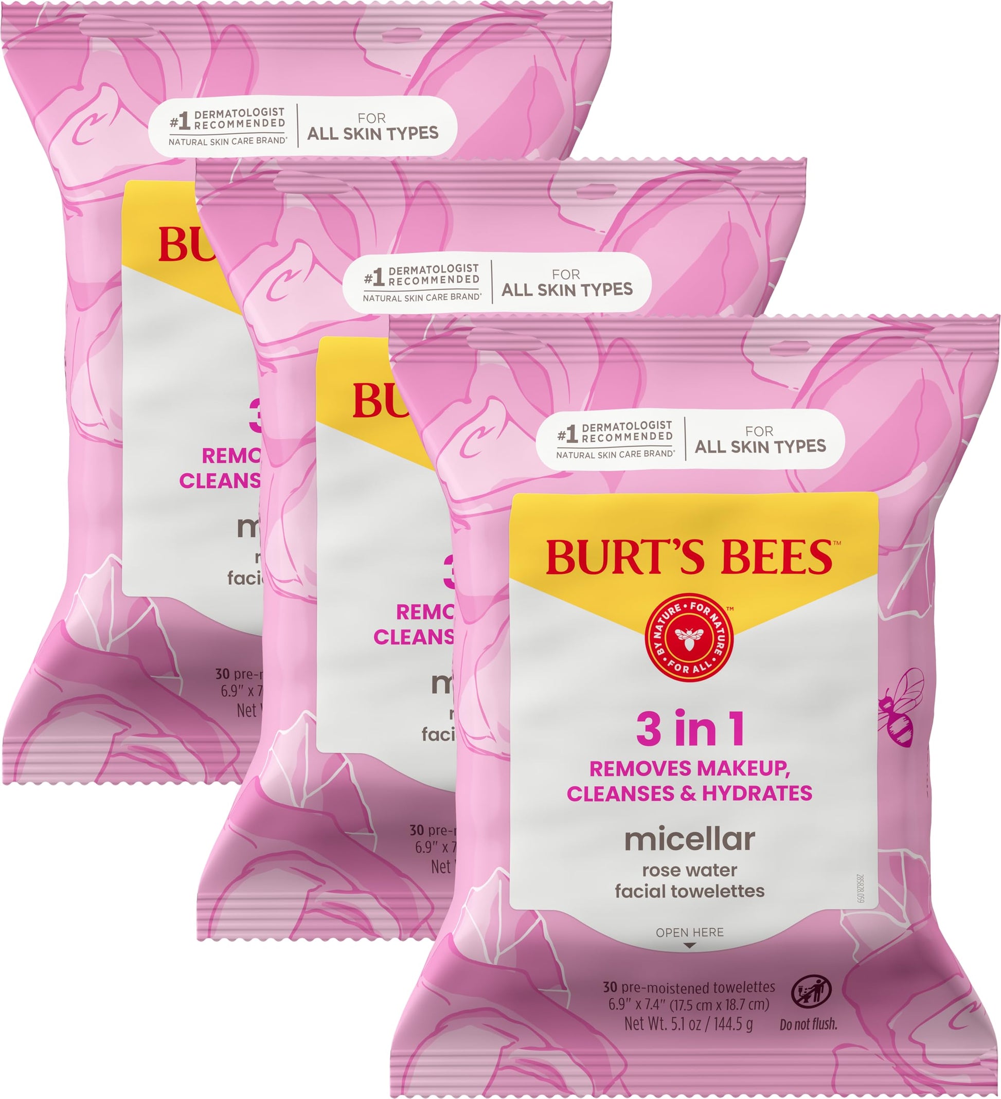 Burt’s Bees Micellar Rose Water Facial Towelettes, 100% Plant Based Cloth; 99% Natural Origin; Remove Makeup, Cleanse, Hydrate; No Oily Residue; All Skin Types; 30 Ct, Pack of 3 (Pack May Vary) Burt's Bees buy supplements canada
