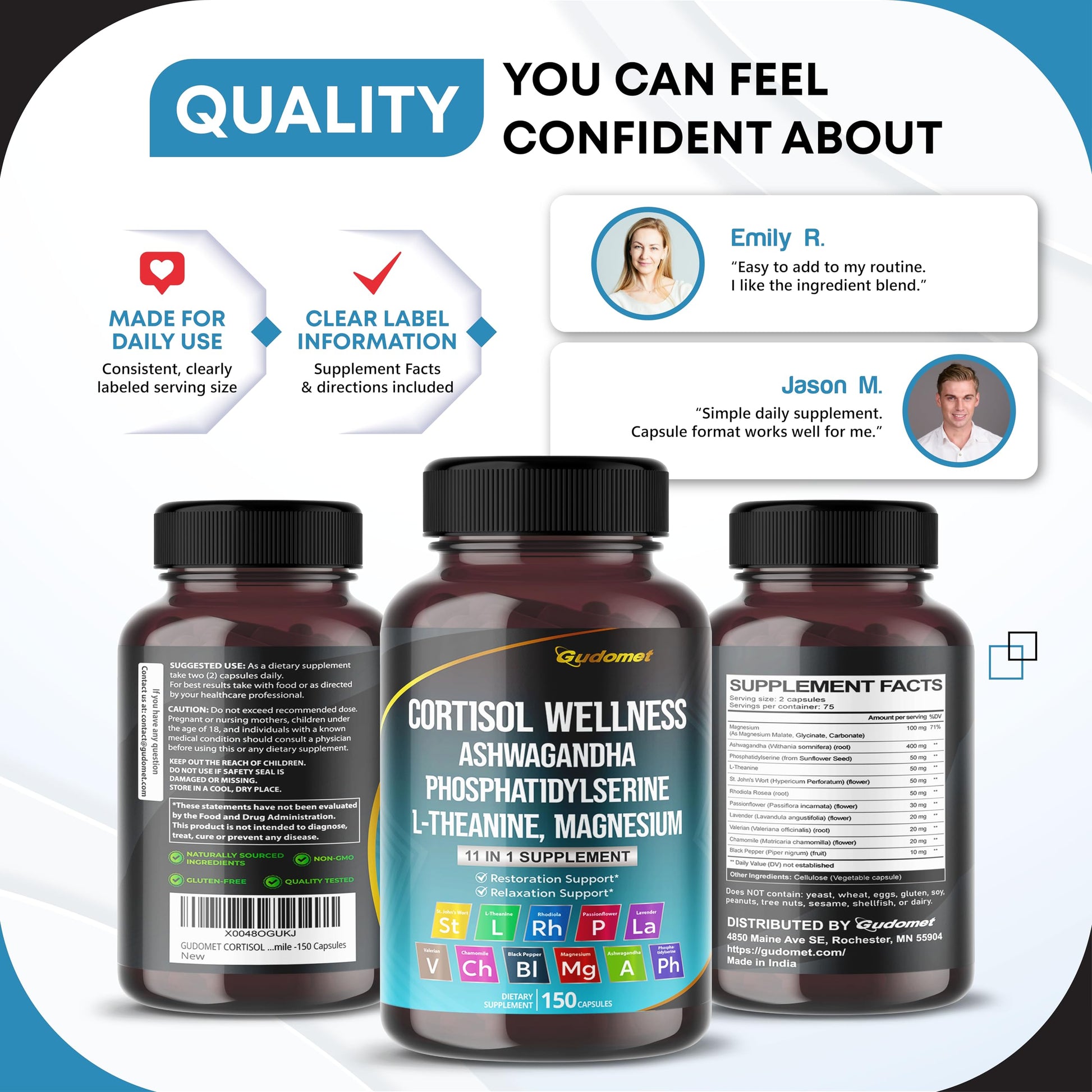 GUDOMET CORTISOL Wellness Magnesium Ashwagandha L-Theanine Phosphatidylserine Rhodiola Rosea Passionflower Lavender Chamomile -150 Capsules GUDOMET buy supplements canada