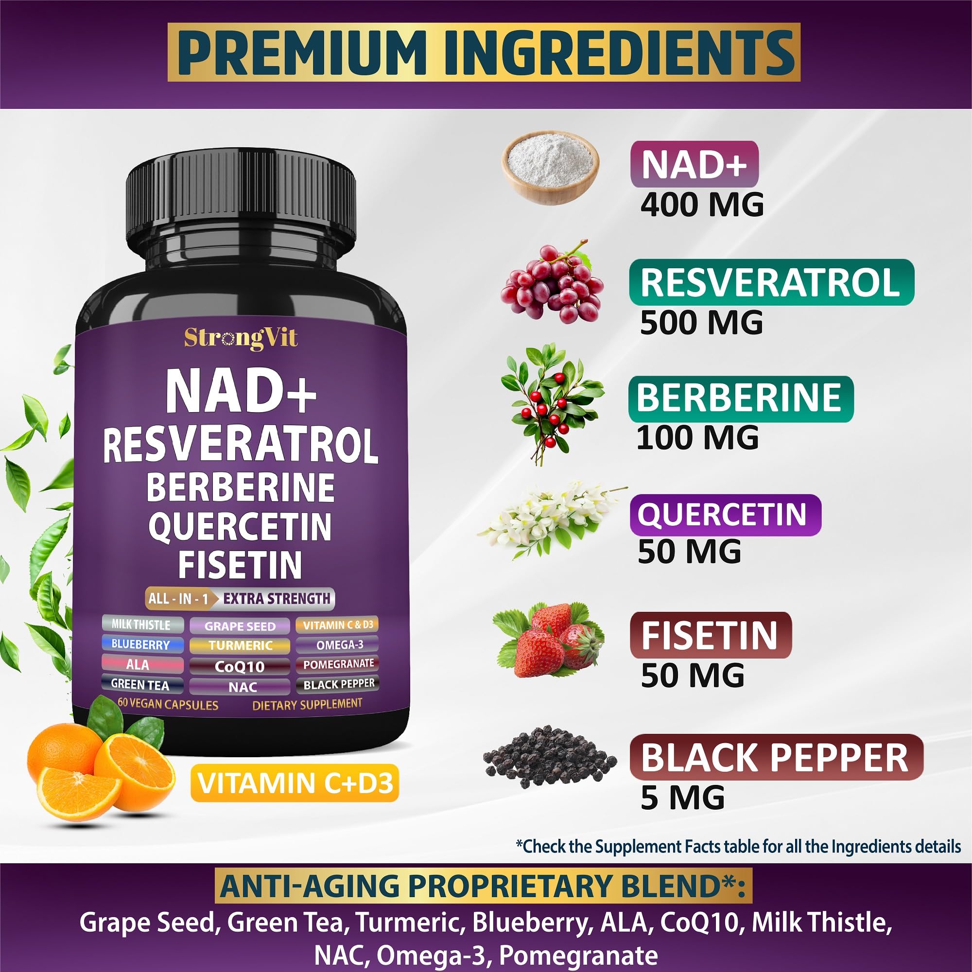 NAD Resveratrol Supplement with Berberine, Quercetin, CoQ10. Anti-Aging Formula for Women & Men. Liposomal NAD Plus, NAD+ Booster, Pure Organic Vitamin, USA StrongVit buy supplements canada