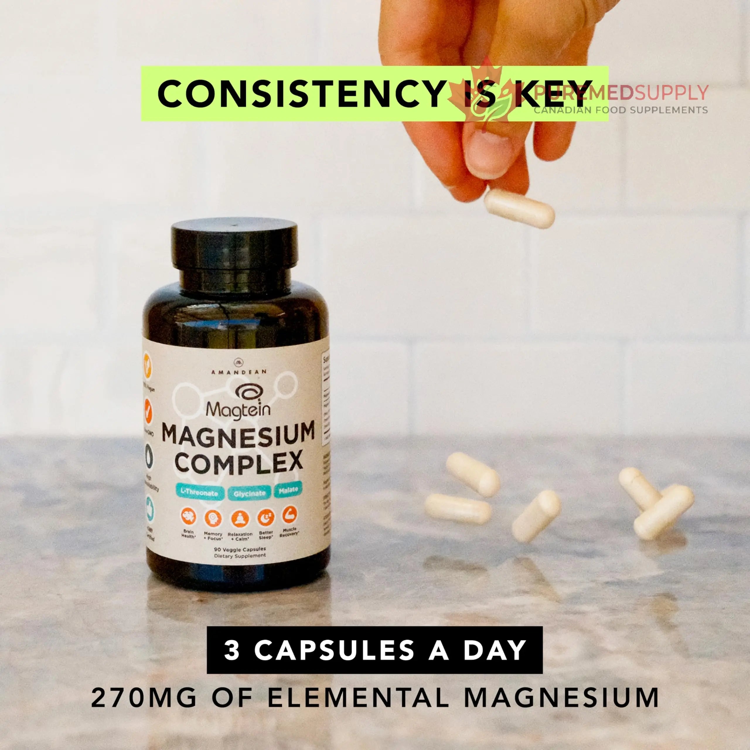 AMANDEAN Magtein Magnesium Complex. L-Threonate, Glycinate, Malate Triple Blend Chelated Magnesium Supplement. 90 Veggie Capsules. High Absorption Branded Ingredients. Brain Health, Sleep, Calm*. AMANDEAN buy supplements canada