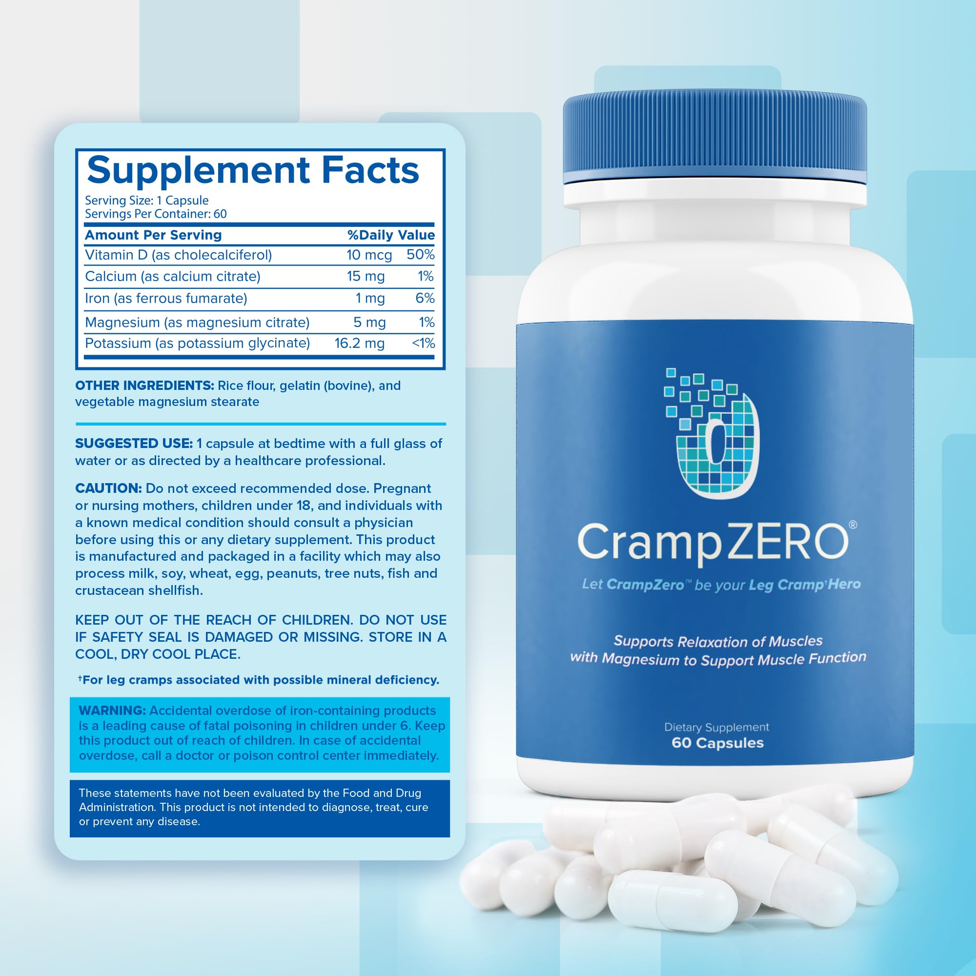 CrampZero Magnesium for Leg Cramps at Night – Potassium Magnesium Supplement with Calcium and Vitamin D3, Supports Muscle Relaxation and Function, Night Leg Cramps Relief, 60 Capsules CrampZero buy supplements canada