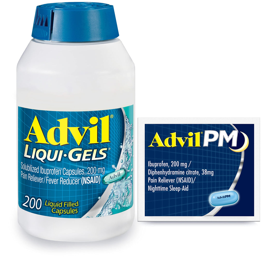 Advil Liqui-Gels Pain Reliever and Fever Reducer, Pain Medicine for Adults with Ibuprofen 200mg for Headache, Backache, Menstrual Pain and Joint Pain Relief - 200 Capsules, Advil PM Ibuprofen - 2 Ct Advil buy supplements canada
