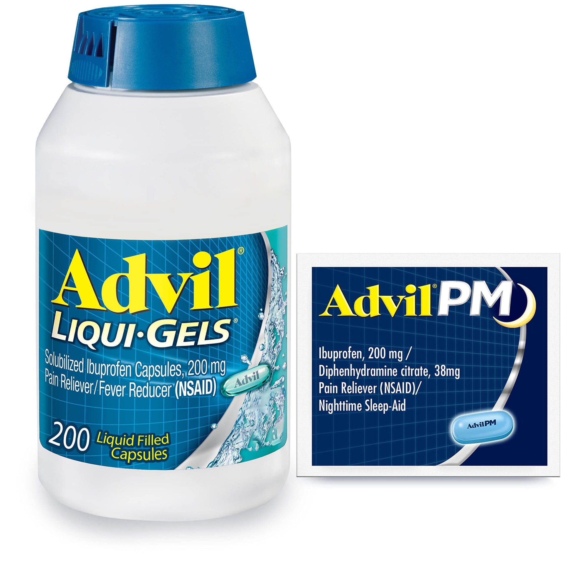 Advil Liqui-Gels Pain Reliever and Fever Reducer, Pain Medicine for Adults with Ibuprofen 200mg for Headache, Backache, Menstrual Pain and Joint Pain Relief - 200 Capsules, Advil PM Ibuprofen - 2 Ct Advil buy supplements canada