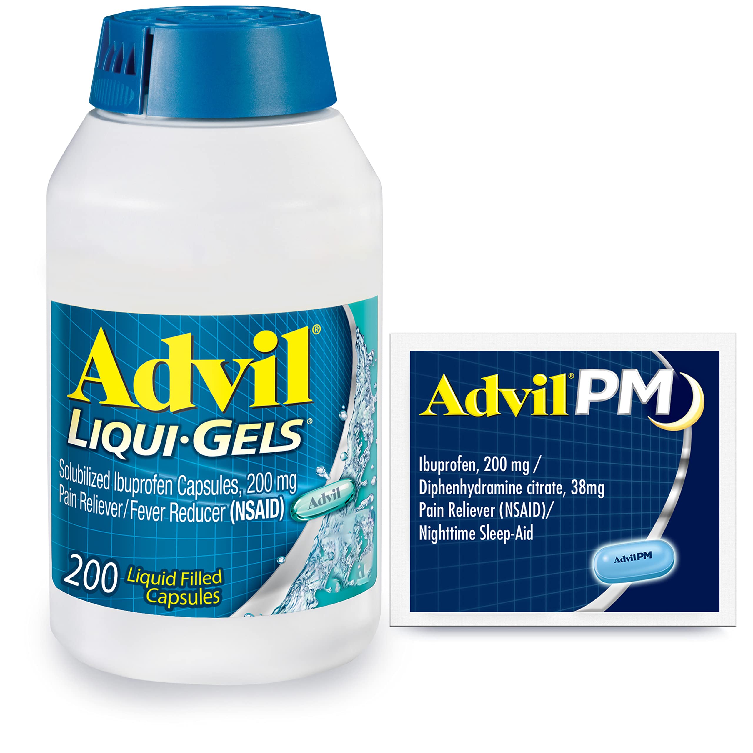 Advil Liqui-Gels Pain Reliever and Fever Reducer, Pain Medicine for Adults with Ibuprofen 200mg for Headache, Backache, Menstrual Pain and Joint Pain Relief - 200 Capsules, Advil PM Ibuprofen - 2 Ct Advil buy supplements canada