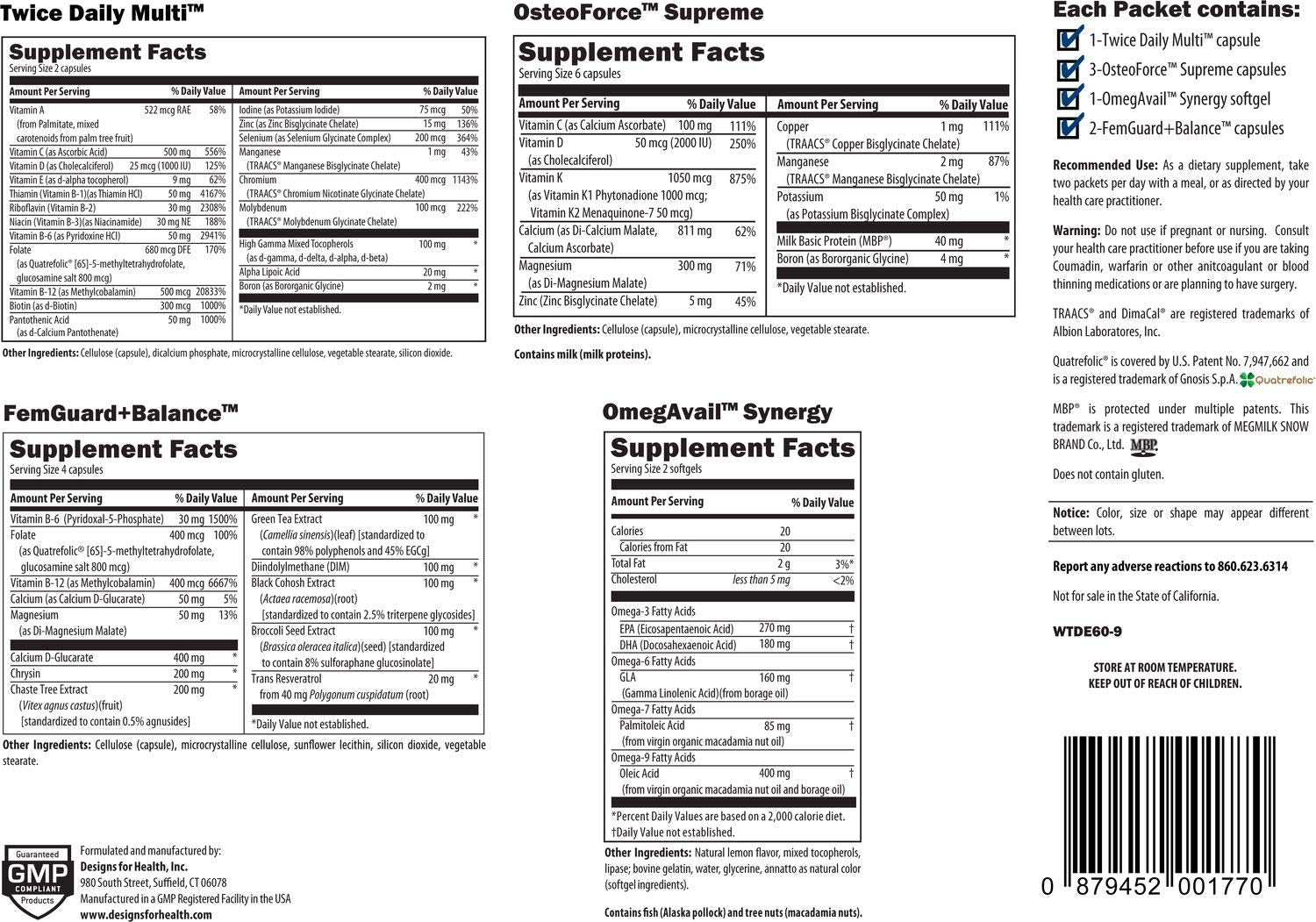 Designs for Health Women's Twice Daily Essential Packets - Vitamin Packs with Iron-Free Multivitamin, OsteoForce Bone Support, OmegAvail Fish Oil + FemGuard+Balance - Female Health (60 Packets) Designs for Health buy supplements canada