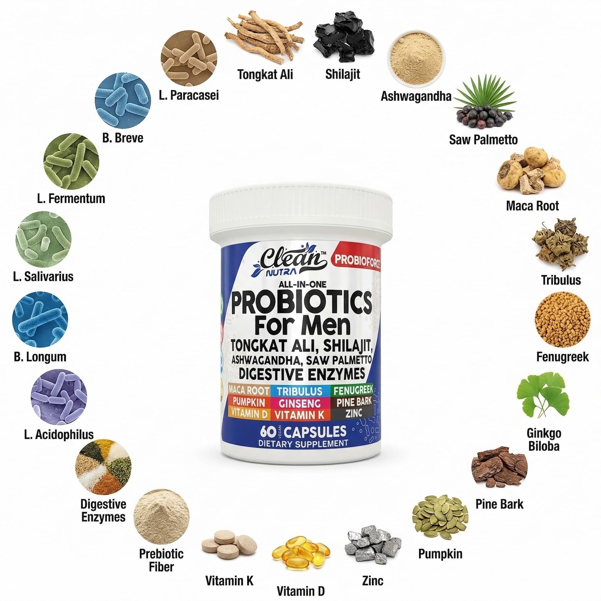 Clean Nutra Probiotics for Men | Tongkat Ali, Saw Palmetto, Tribulus, Ginseng, Ashwagandha, Maca, Pumpkin, Gingko Biloba, Pine Bark, Fenugreek, Shilajit, Zinc - Mens Probiotic 60 Capsules Clean Nutraceuticals buy supplements canada
