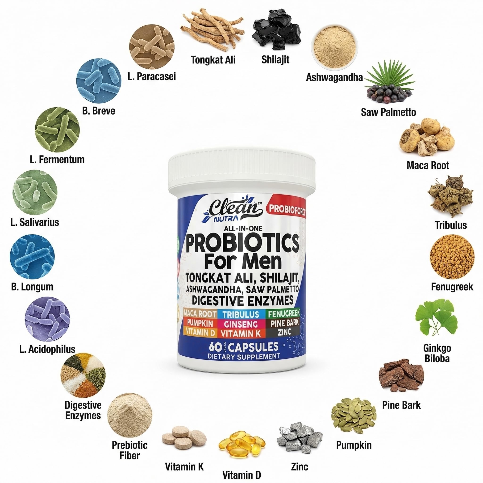 Clean Nutra Probiotics for Men | Tongkat Ali, Saw Palmetto, Tribulus, Ginseng, Ashwagandha, Maca, Pumpkin, Gingko Biloba, Pine Bark, Fenugreek, Shilajit, Zinc - Mens Probiotic 60 Capsules Clean Nutraceuticals buy supplements canada