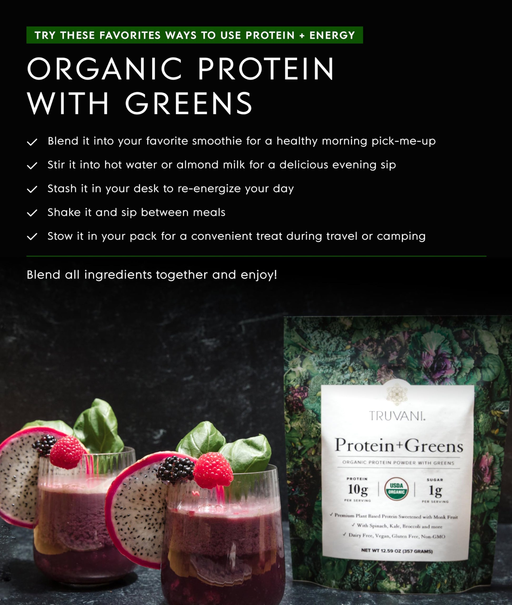 Truvani Protein + Greens Supplement | Spinach, Kale & Broccoli | 10g Organic Plant Based Protein | 20 Servings | USDA Organic | Gluten & Dairy Free Truvani buy supplements canada