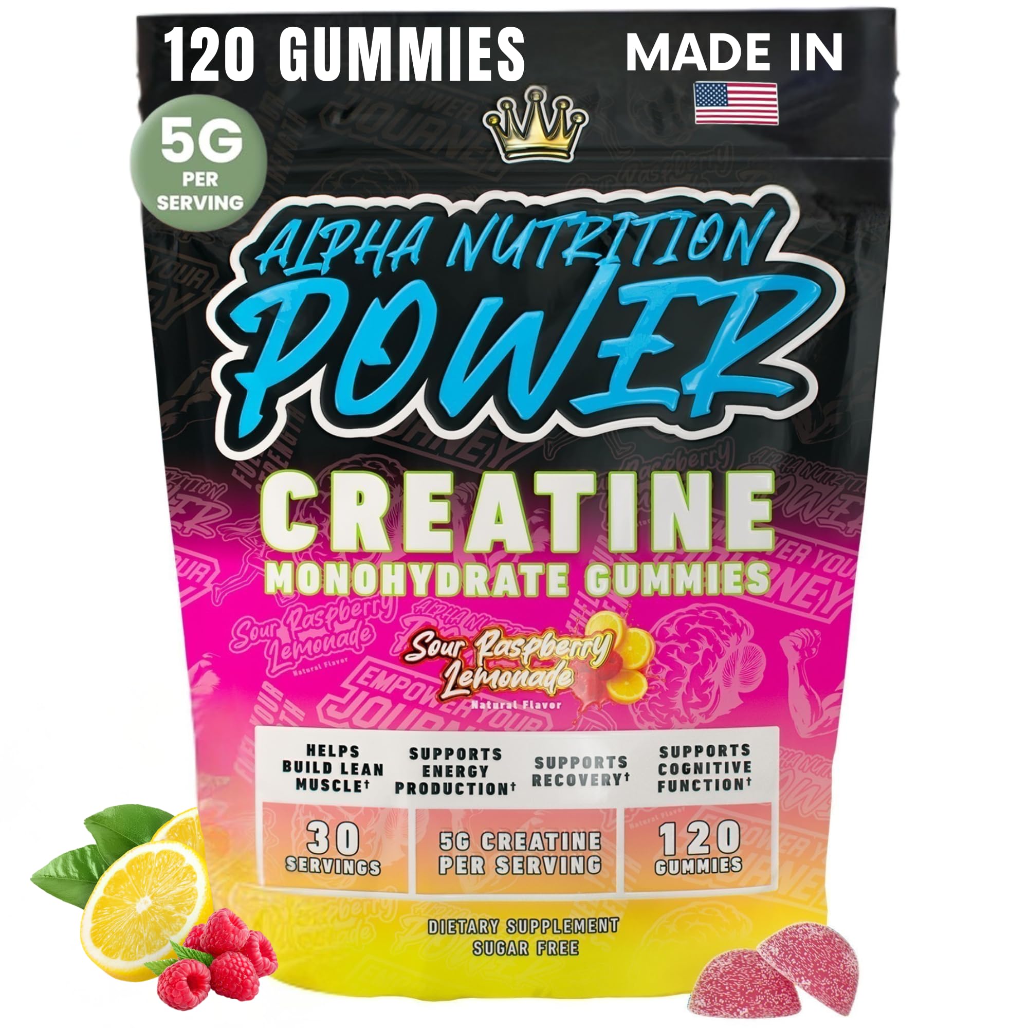 Creatine Monohydrate Gummies 5g - Raspberry Lemonade Flavored Creatine for Women and Men - Supplement for Muscle Gain, Strength, Energy, Cognitive Health, Pre and Post Workout, Recovery, (120 Gummies) Alpha Nutrition Power buy supplements canada