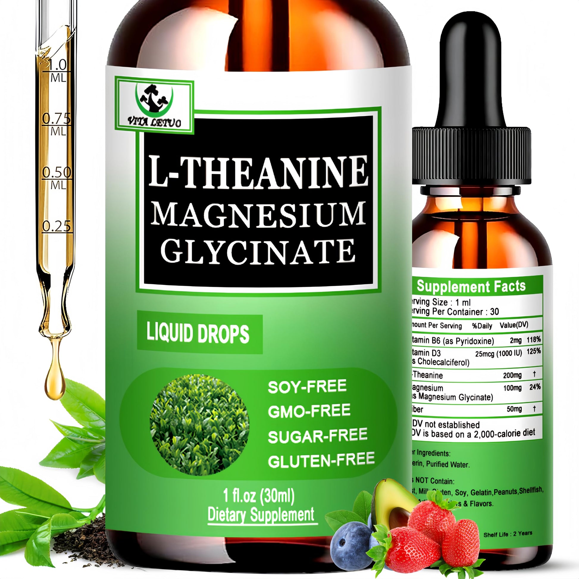 L Theanine Drops, Liquid L-Theanine Supplement 200mg w/Magnesium Glycinate,Vitamins,Fiber for Relaxation,Sleep,Digestion, Calm,High Absorption Mood Support for Adults & Kids,Plant Based,Non-GMO Vita letuo buy supplements canada