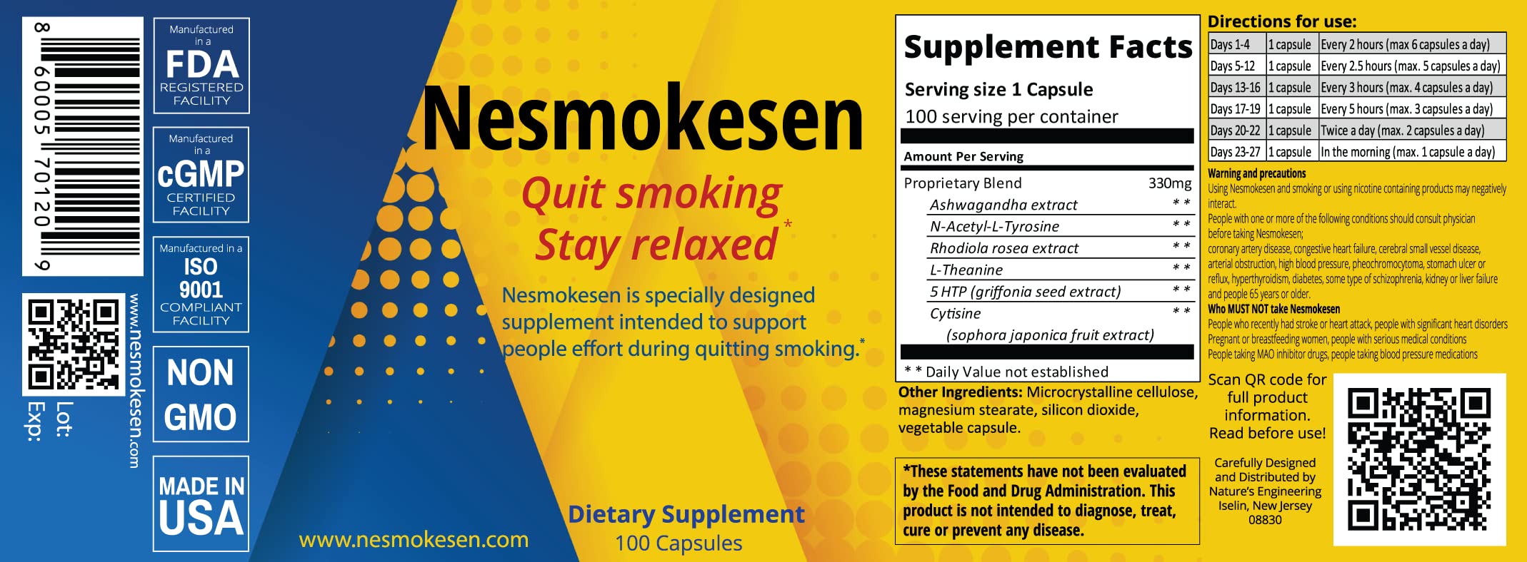 Nesmokesen - Quit Smoking Stay Relaxed, (100 Capsules / 27 Days Supply) Nature's Engineering buy supplements canada