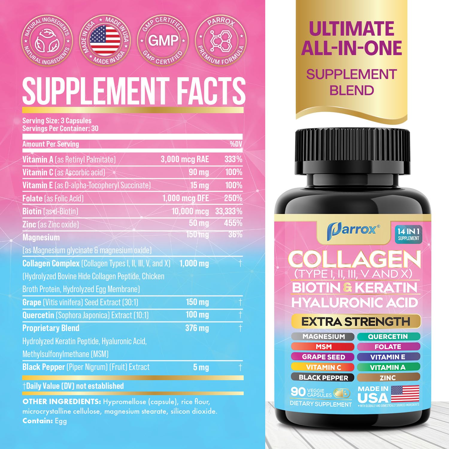 Parrox Collagen Peptides Types I, II, III, V & X, MCG Biotin, Keratin, Hyaluronic Acid, MSM, Zinc, Grape Seed Extract, Quercetin, Vitamin A, Vitamin C, Parrox buy supplements canada