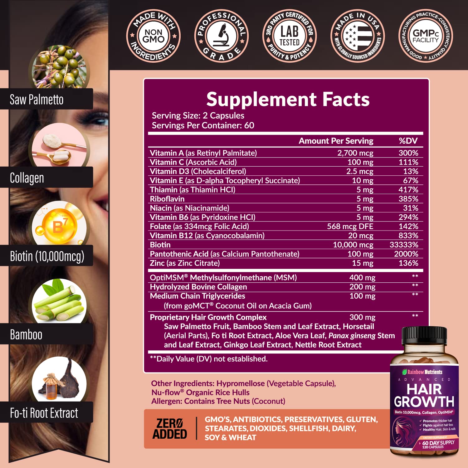 Hair Growth Vitamins for Women | Biotin 10,000mcg, Collagen, Patented OptiMSM®, goMCT Rainbow Nutrients, LLC buy supplements canada