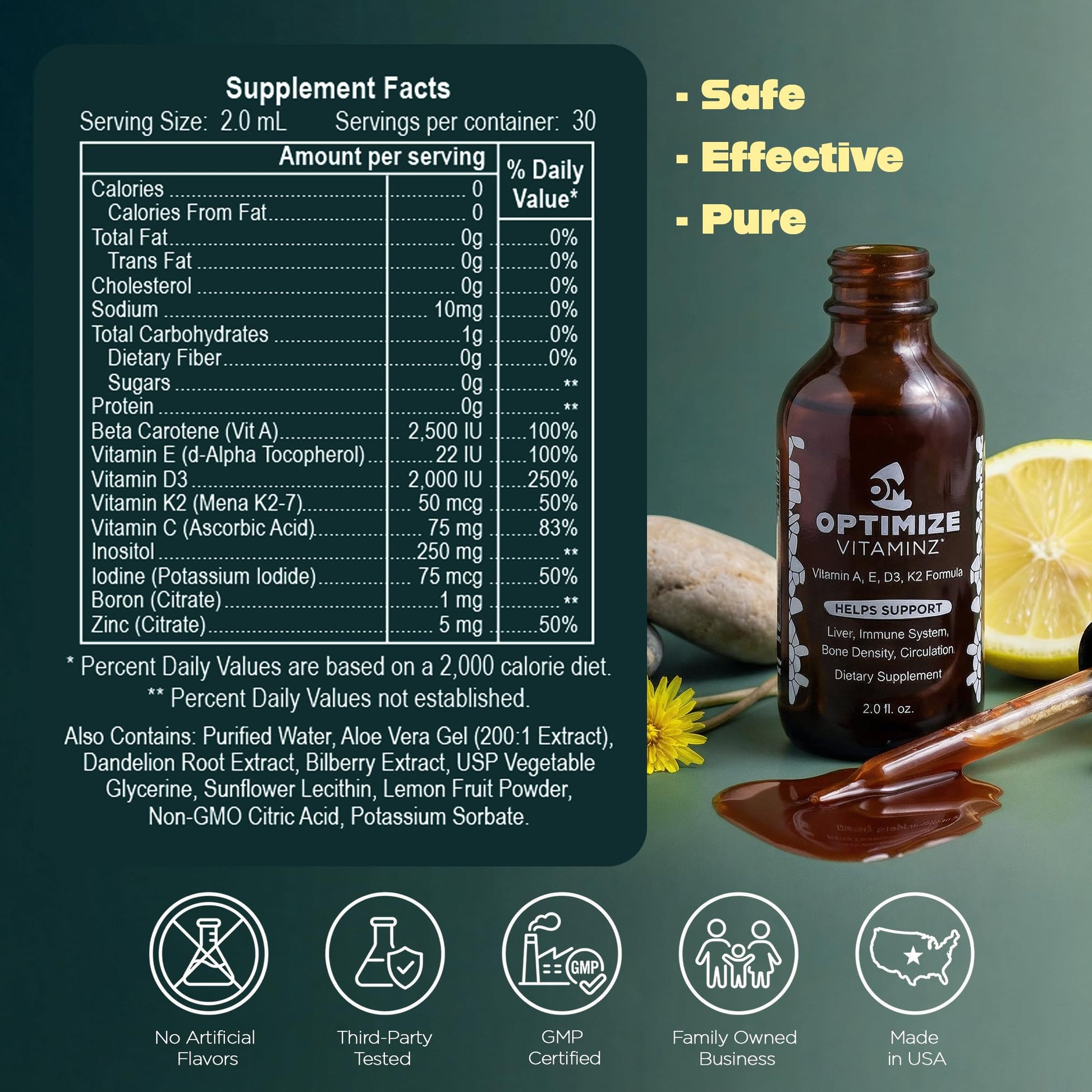Optimize Vitaminz Liquid Vitamin D3 K2 Drops with Dandelion Root & Bilberry | Immune, Liver & Bone Support, MK-7 Formula, Fast Absorption Liquid Multivitamin, 30 Day Supply, 2 Fl Oz Optimize Minerals buy supplements canada