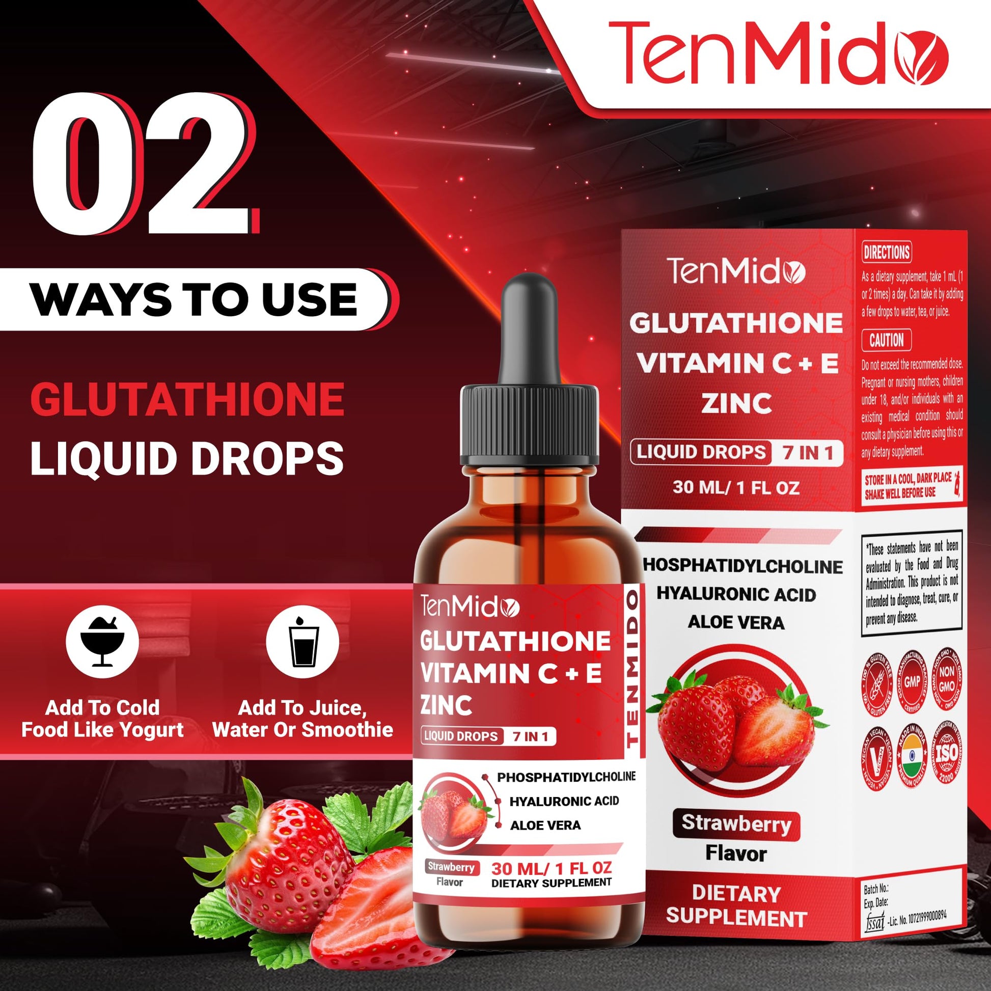 Tenmido Liposomal Glutathione Supplement - 7in1 Liquid Drops with Zinc, Vitamin C, Vitamin E, Phosphatidylcholine, Hyaluronic Acid, and Aloe Vera - Vegan, Non-GMO - 30ml 1 Fl Oz Tenmido buy supplements canada