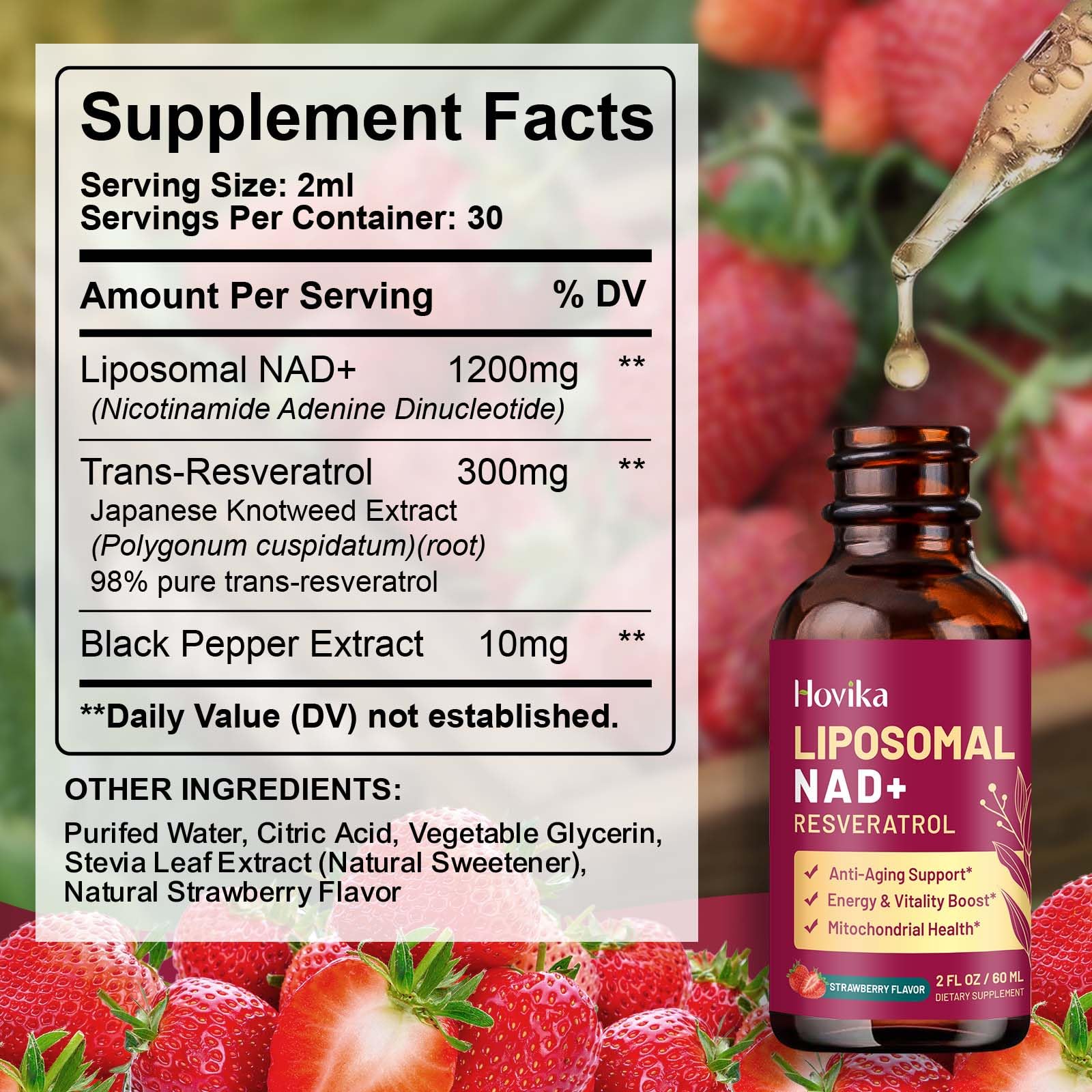 Liposomal NAD Supplement - 1200mg NAD+ Liquid Drops for Women & Men with Resveratrol, Black Pepper Extract - Support Anti-Aging, Brain & Cellular Mitochondrial Health - 2 Fl Oz, Strawberry Flavor Hovika buy supplements canada