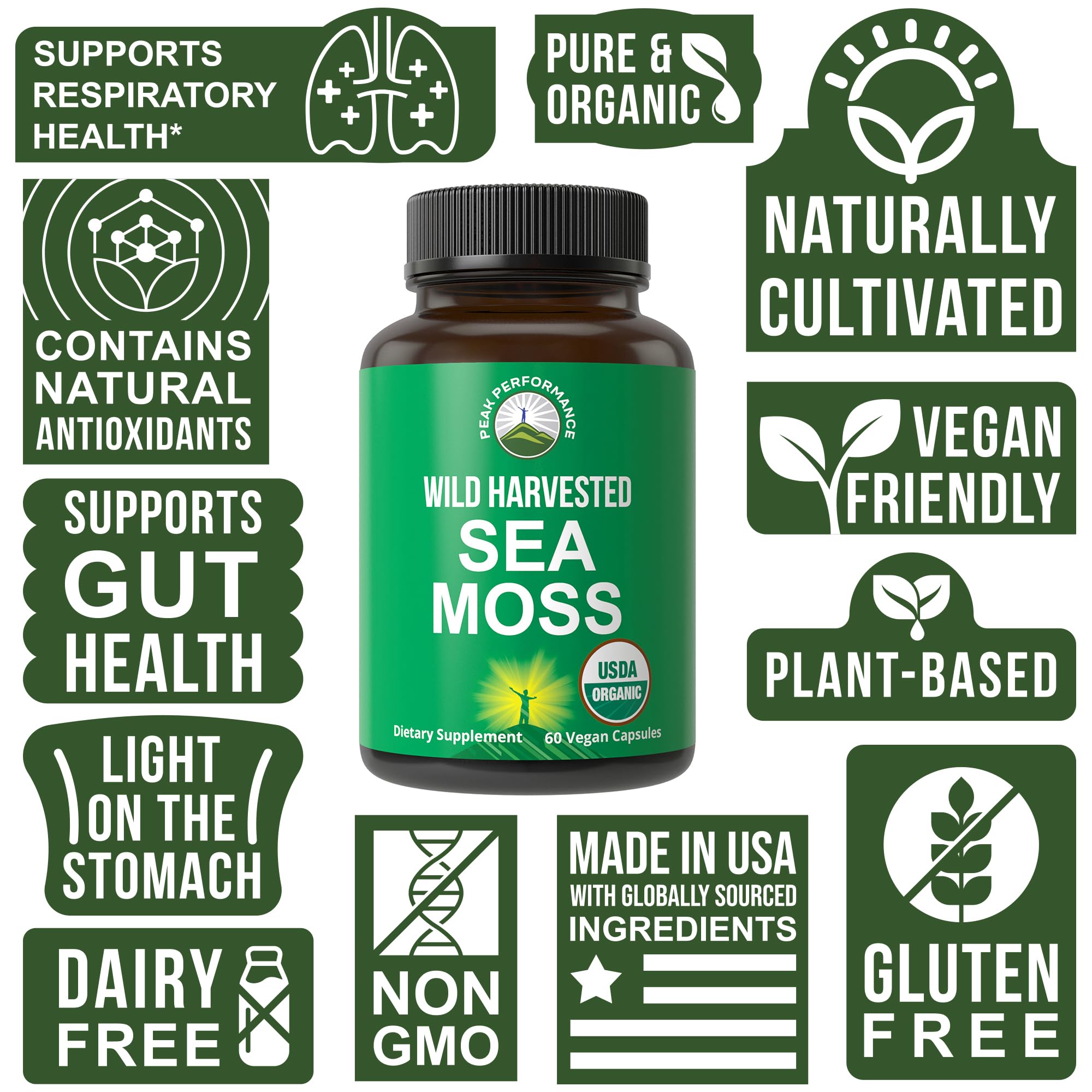 Organic Sea Moss Capsules. Wild Harvested Sea Moss Raw Organic Vegan Supplement from Red Algae Seaweed. 100% Whole Extract Raw Irish SeaMoss Superfood Pills. for Gut, Respiratory, Immune Support. Peak Performance buy supplements canada