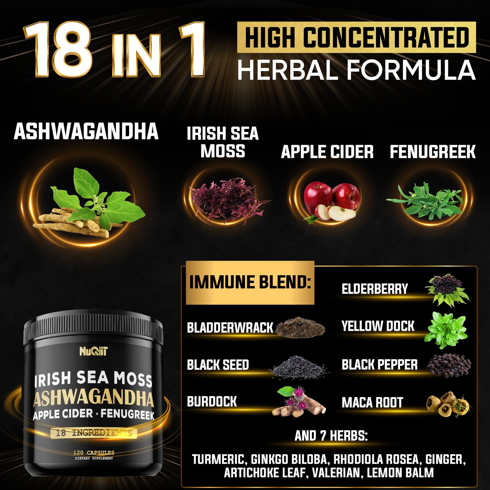 NUQIIT Organic Ashwangdha Capsules 15000mg Irish Sea Moss Apple Cider Vinegar & More - Support Brain Health, Strength & Immune System - 120 Vegan Capsules NUQIIT buy supplements canada
