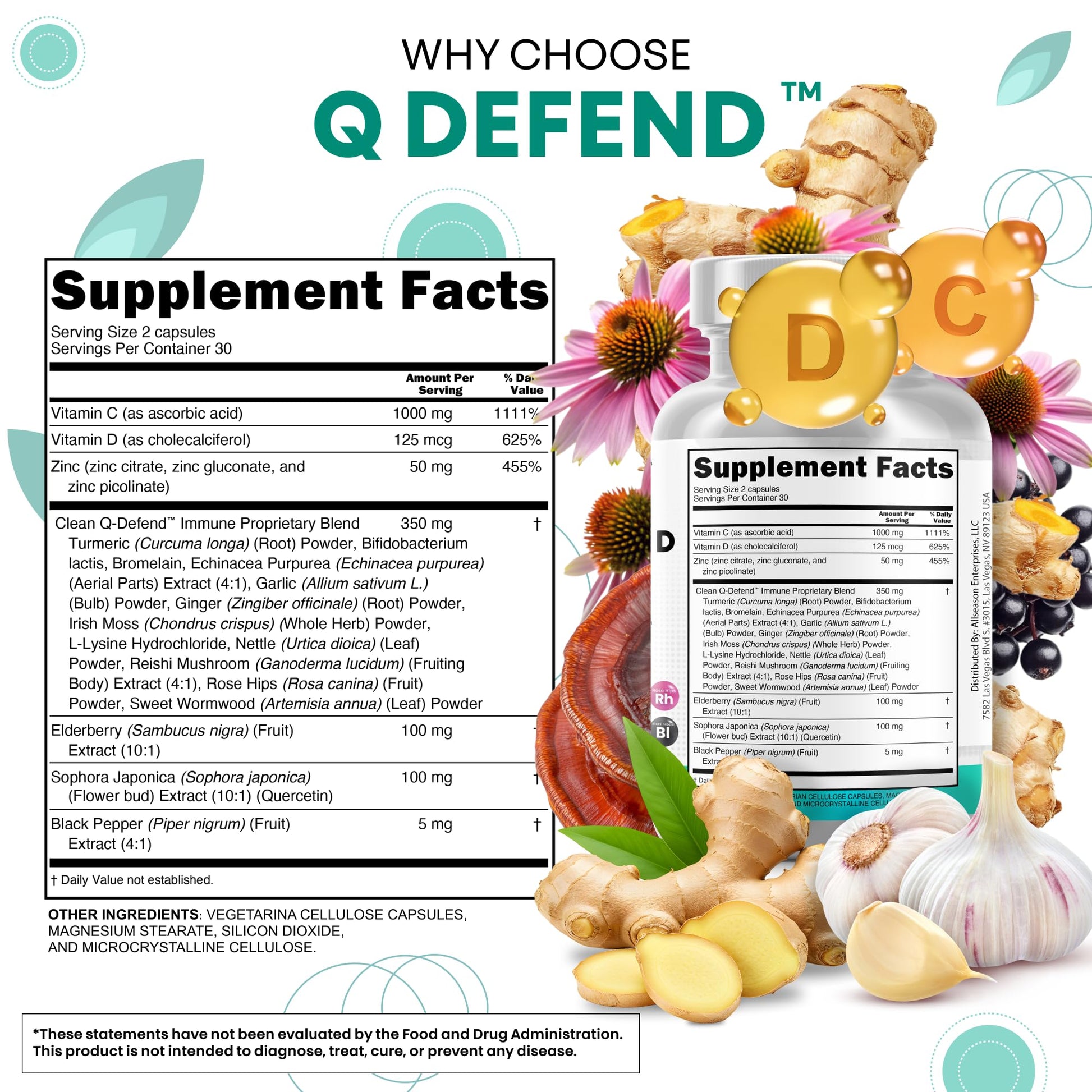 Q Defend Quercetin Supplement with Zinc Vitamin C Vitamin D Elderberry Turmeric Black Pepper Garlic Ginger Sea Moss Lysine Stinging Nettle Reishi Mushroom Immune Clean Nutraceuticals buy supplements canada