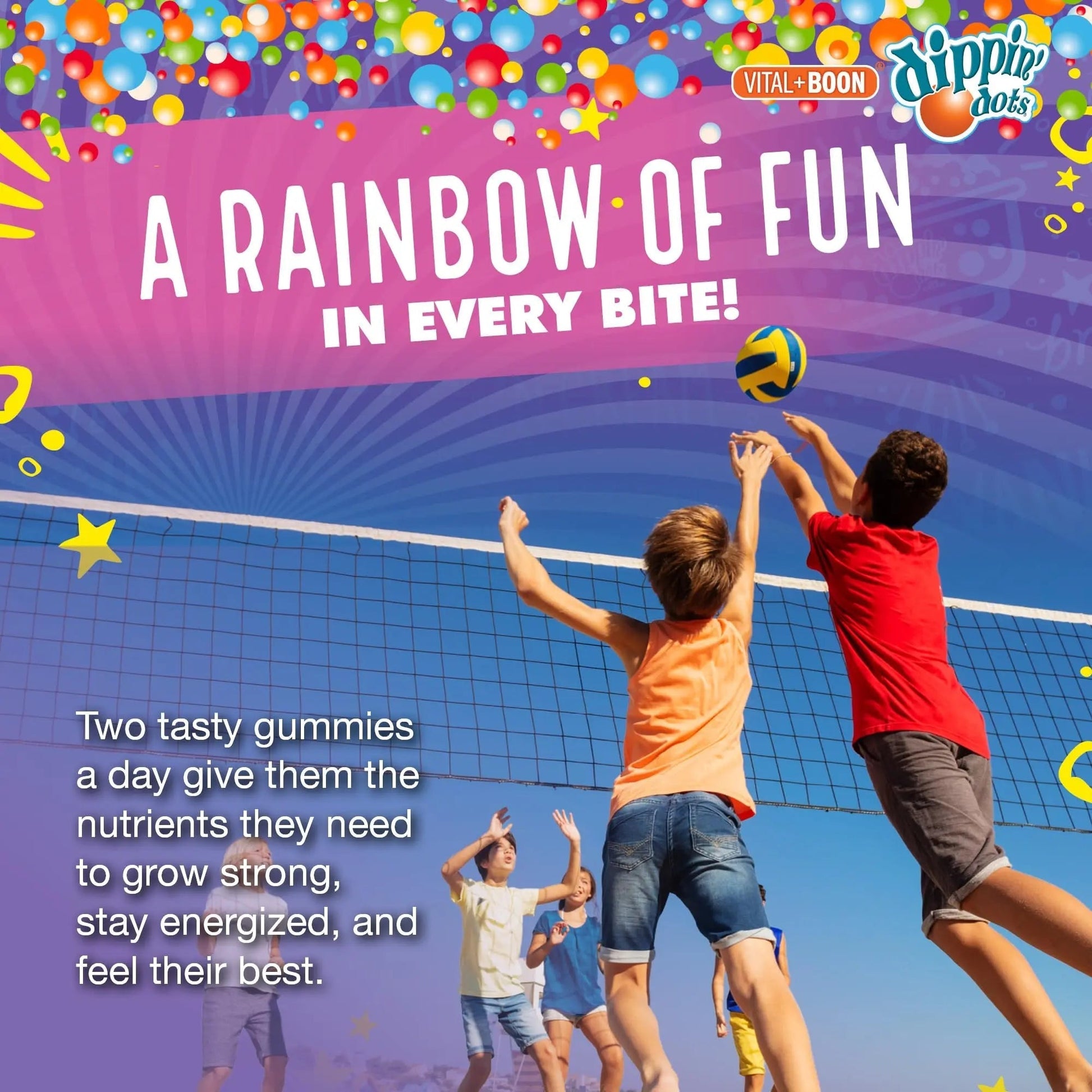 Dippin' Dots - Multivitamin Gummies for Kids Rainbow Fruit Flavor Complete Multivitamin Chewy Gummies Vitamin A, B, C, D3, E, B6, Zinc - 60 Count Vital+Boon buy supplements canada