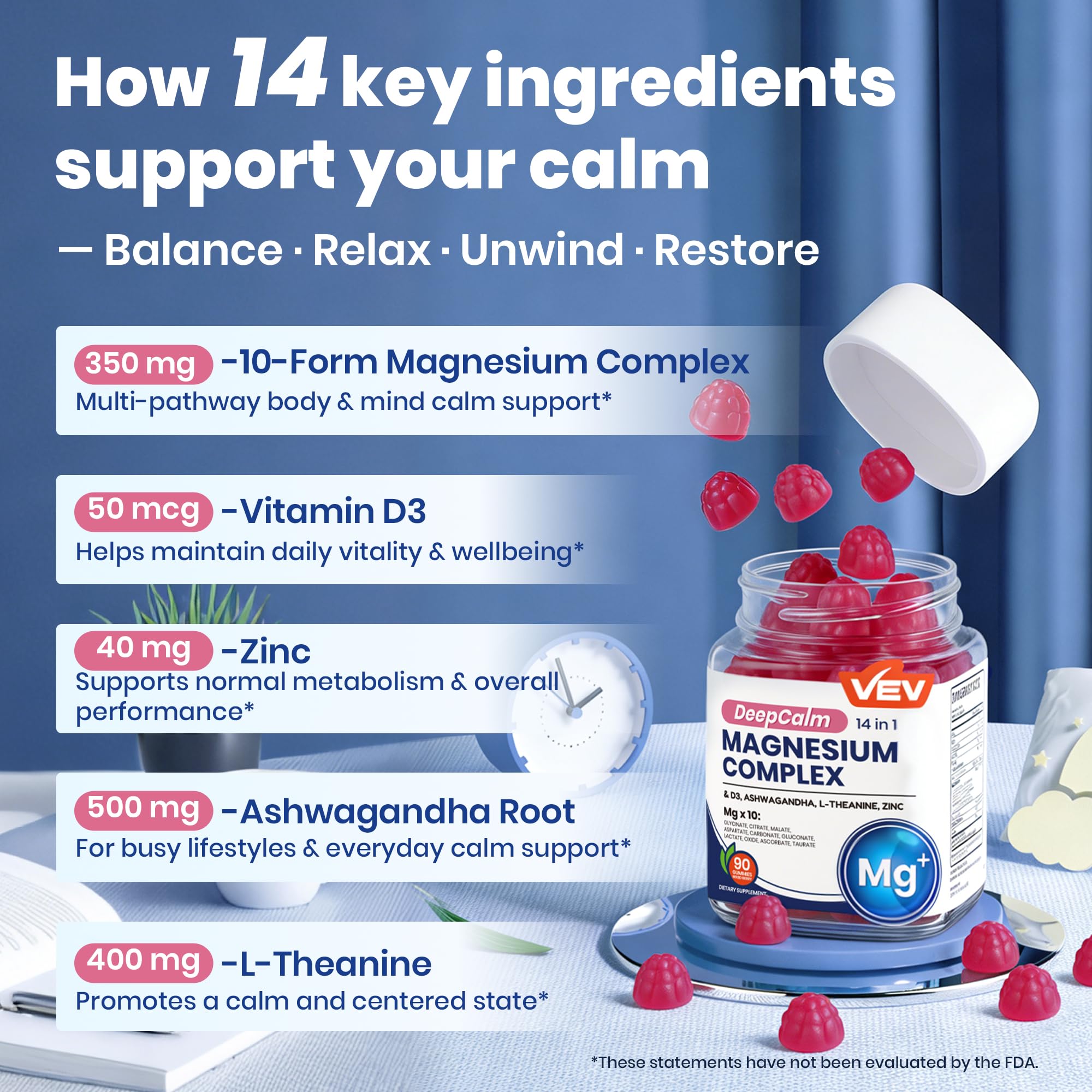 VEV Deep Calm Magnesium Complex 14-in-1 Gummies – 90 Count (Pack of 1) – with D3, Ashwagandha, L-theanine, Zinc – Magnesium Complex for Women and Men VEV buy supplements canada