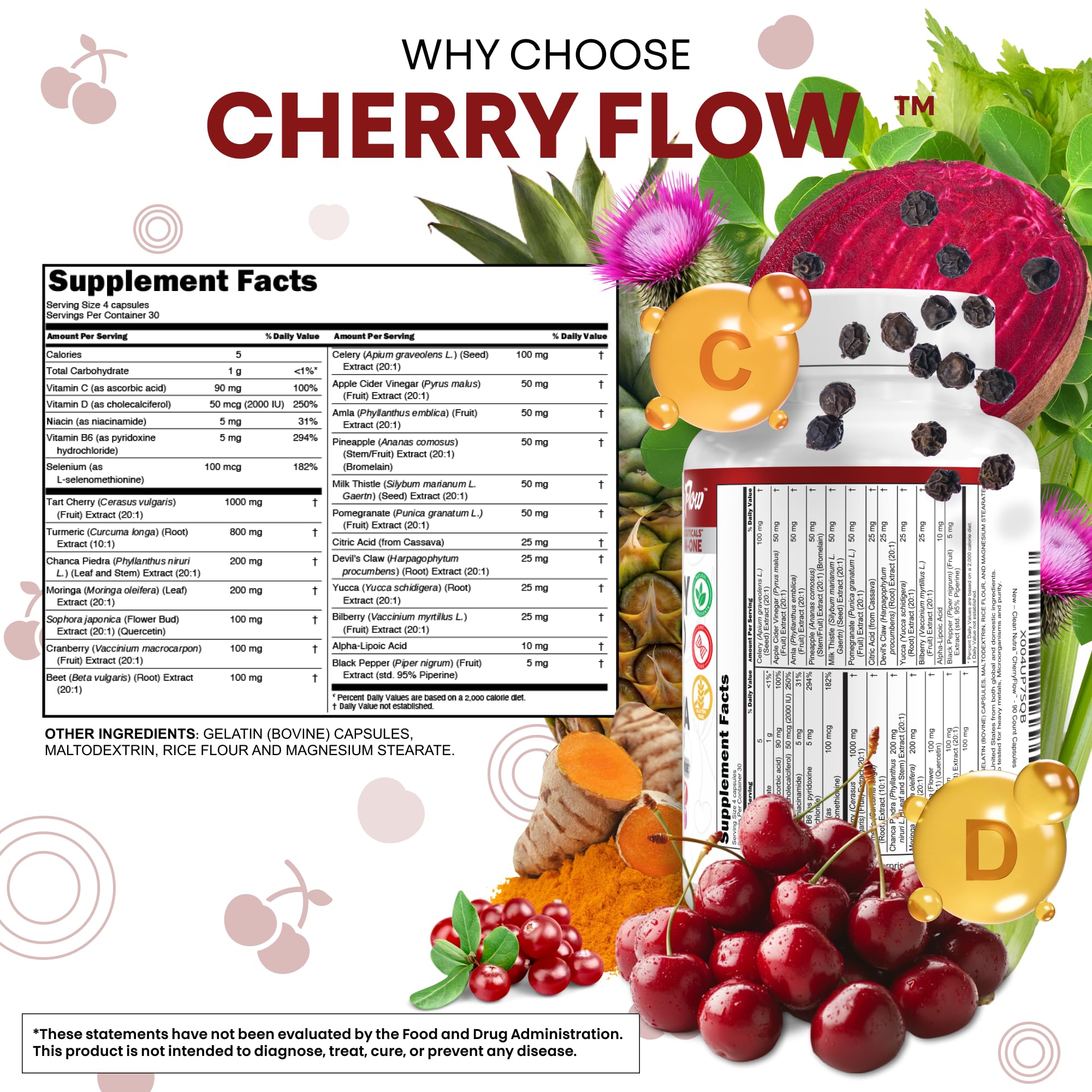 Cherry Flow Tart Cherry Capsules Uric Acid Support Celery Seed Turmeric Chanca Piedra Vitamin D Vitamin B6 Niacin Milk Thistle Moringa Extract Pomegranate Beets 90 Count By Clean Nutra Clean Nutraceuticals buy supplements canada
