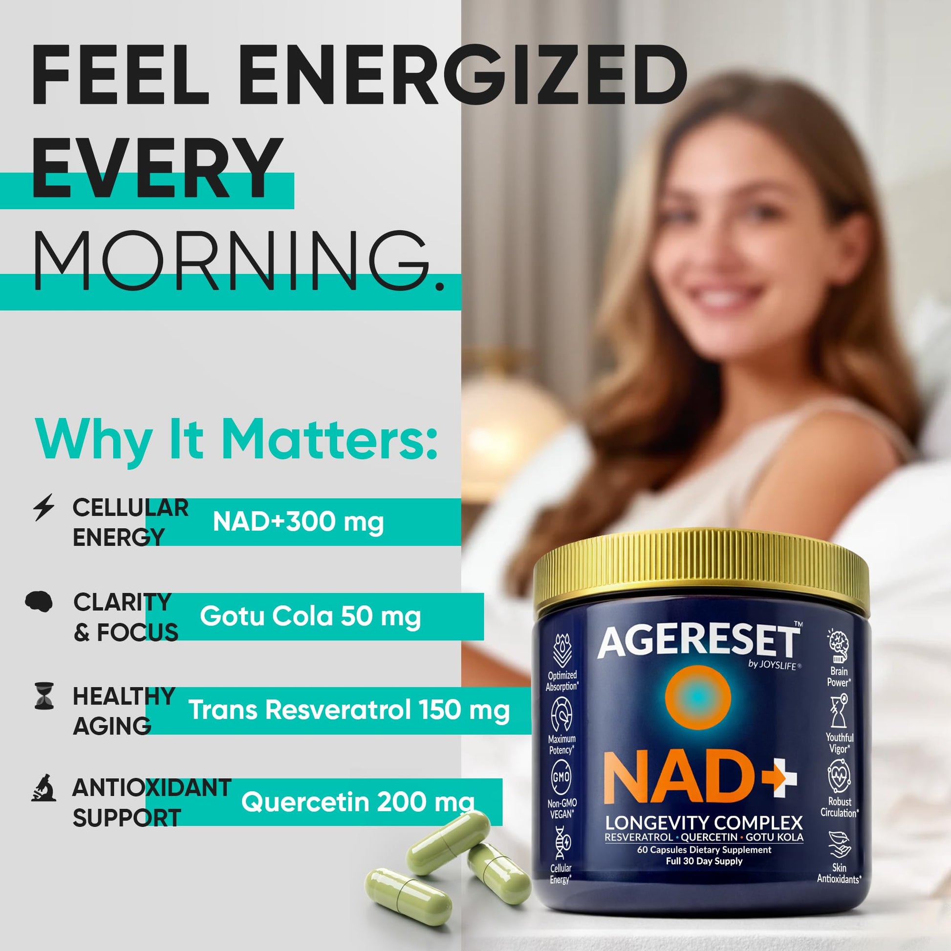 JoysLife AGERESET NAD Supplement NMN Alternative Liposomal + Gotu Kola for Women & Men w/Resveratrol, Quercetin, Gotu Kola JoysLife buy supplements canada