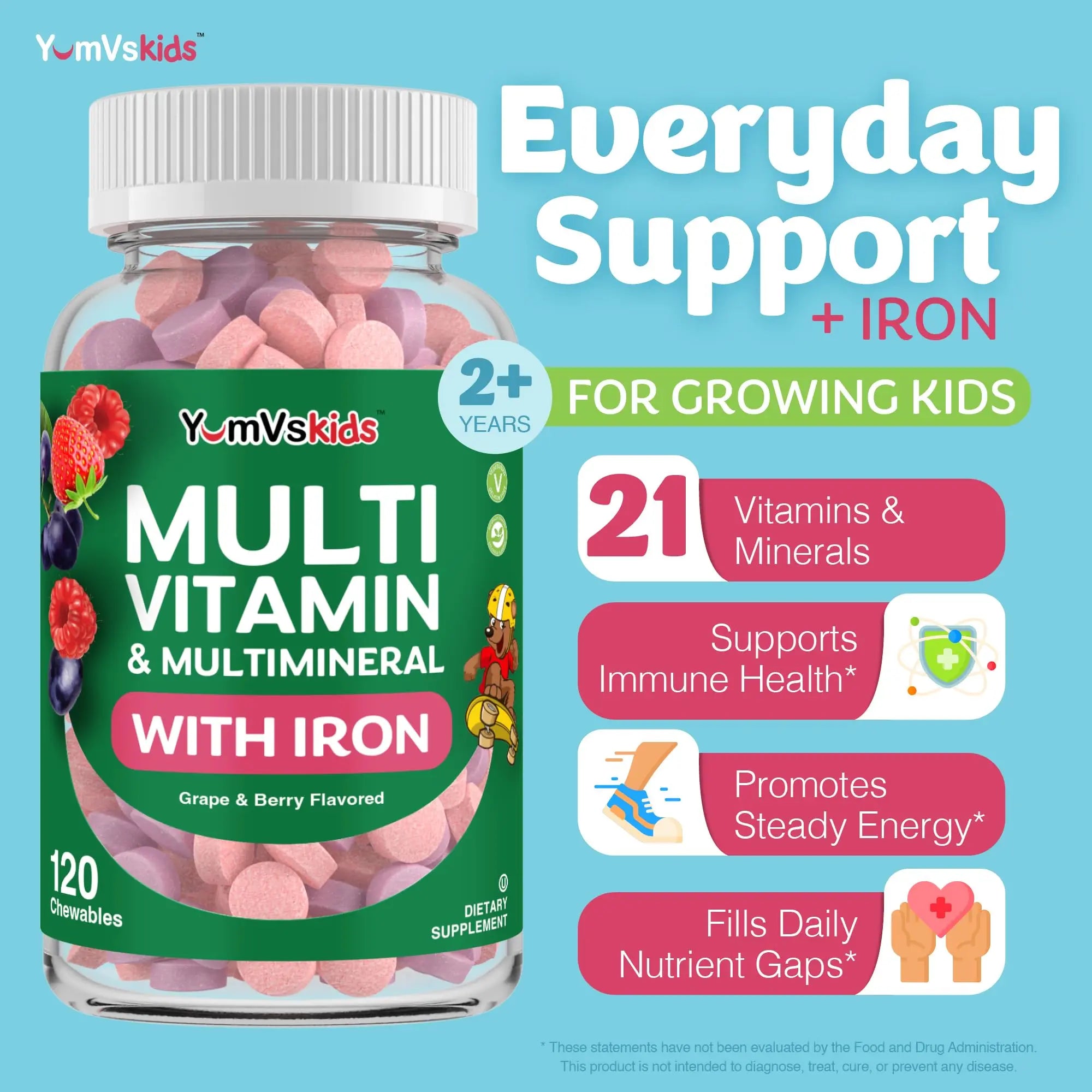 YumVs Kids Multivitamin with Iron & Minerals Chewable Tablets – Grape & Berry Flavor Vitamins for Toddlers & Children Age 2+ – Daily Multivitamin YUM-V'S buy supplements canada