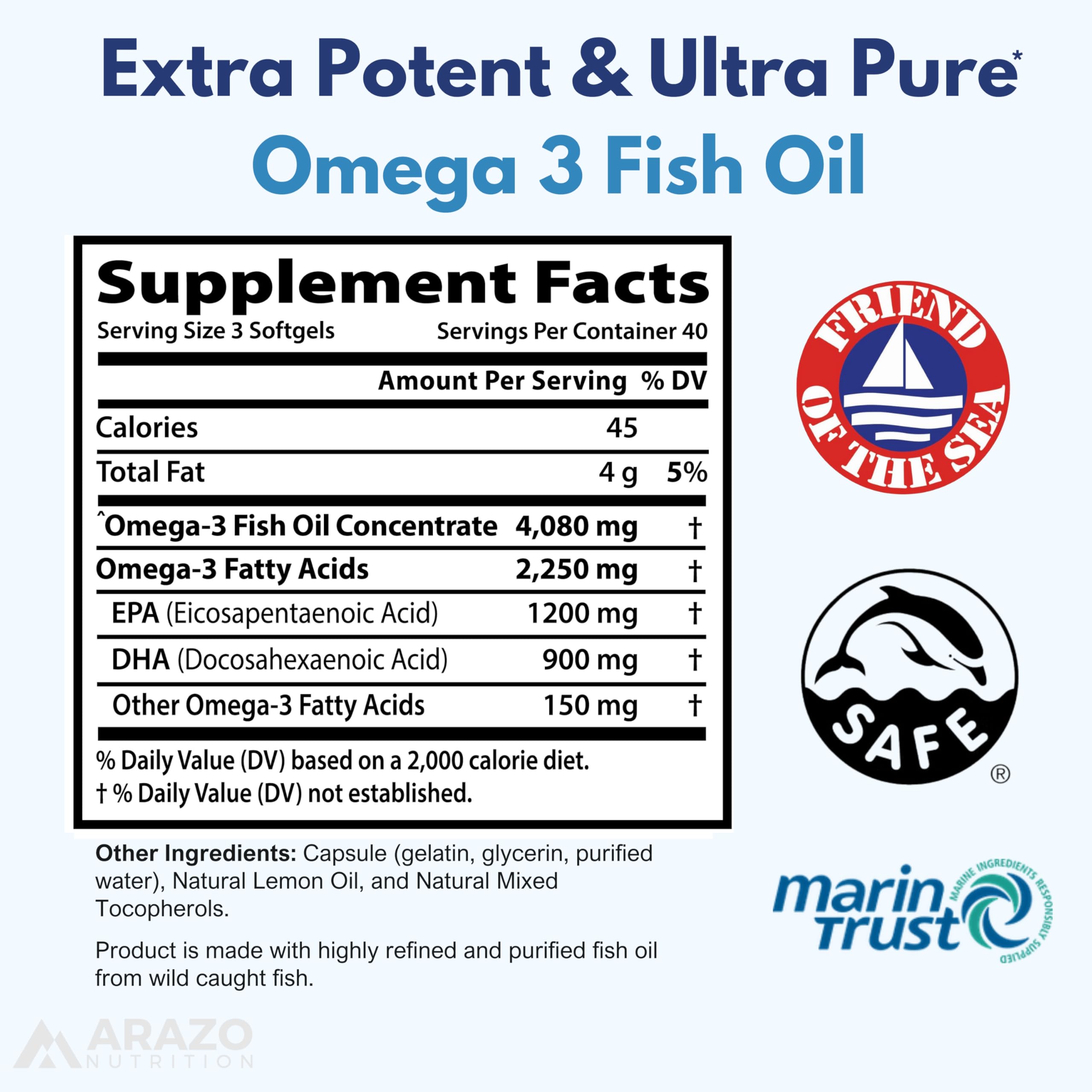 Arazo Nutrition Wild Caught Omega-3 Fish Oil Concentrate – 4,080mg per Serving – High EPA 1200mg & DHA 900mg dailyvitalstore buy supplements canada