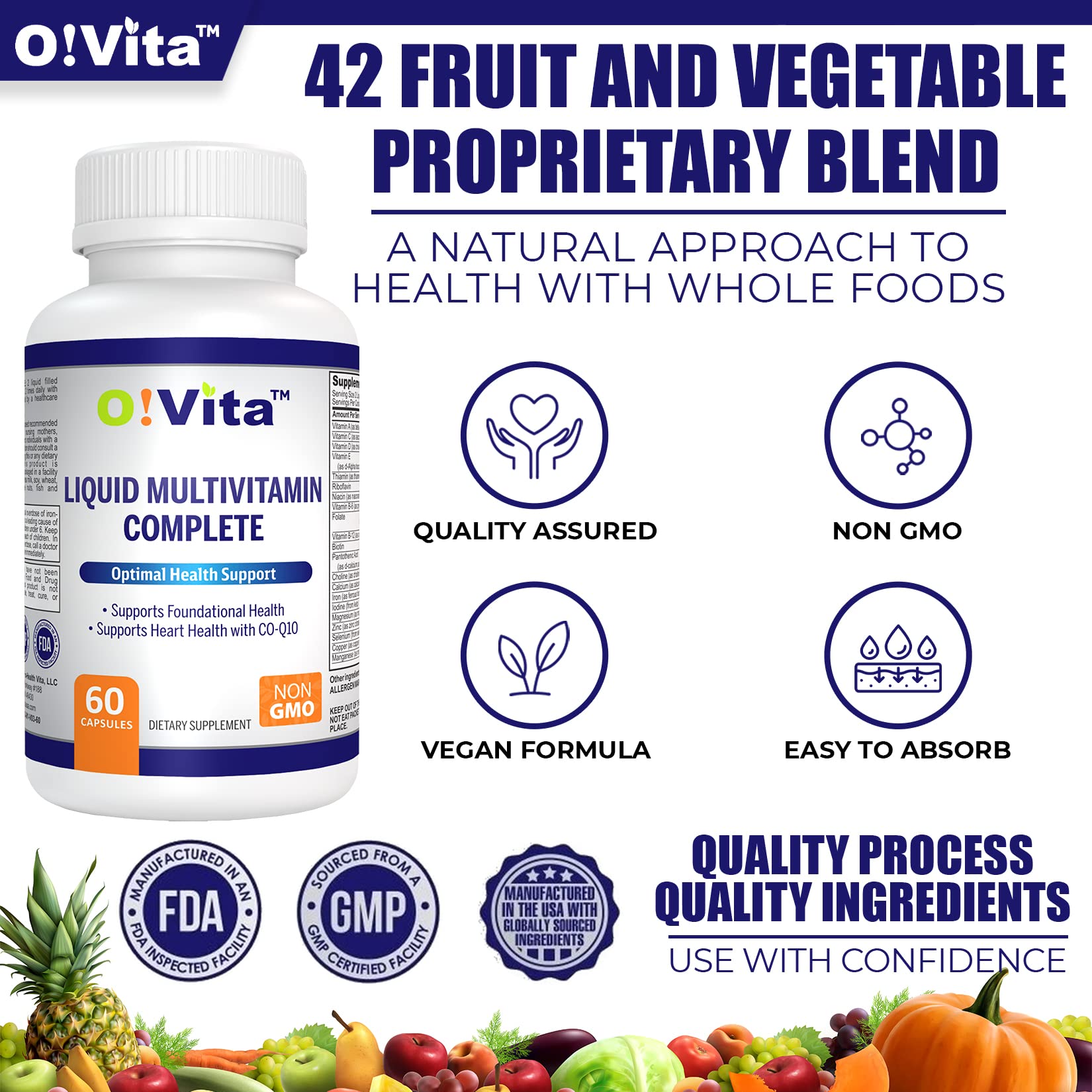 O!VITA Liquid Multivitamin Complete, with a Full Spectrum of Vitamins and Minerals, Plus 42 Fruits and Vegetable Proprietary Blend, Easy Absorption (60 Vegan Liquid Filled Capsules) O!VITA buy supplements canada