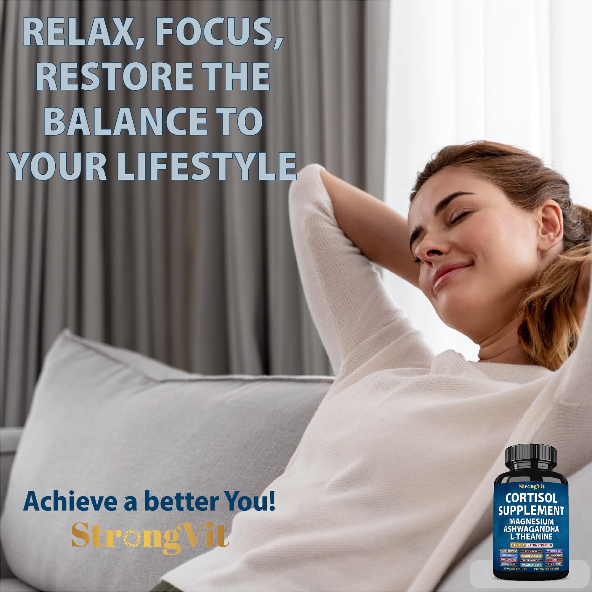 StrongVit Cortisol Supplements for Women and Men with Magnesium, Ashwagandha & L-Theanine. High Cortisol Reducer, Manager, Detox, Lower and Control. Sleep Support & Stress Relief, USA StrongVit buy supplements canada