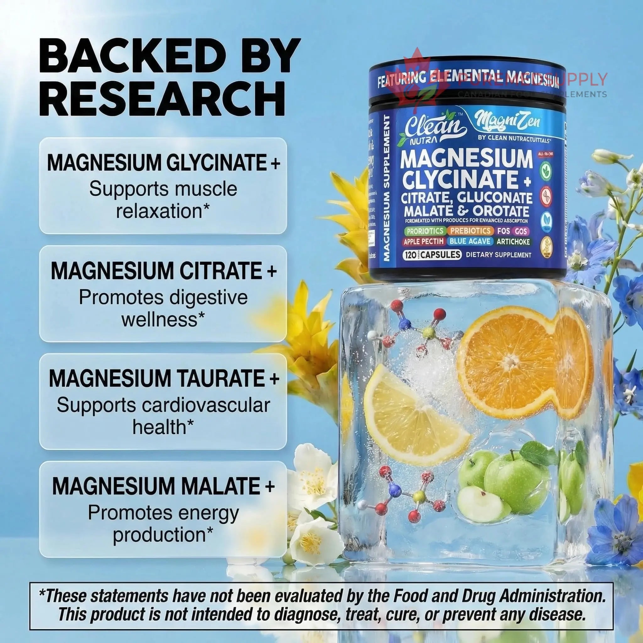 Clean Nutra Magnesium Glycinate Citrate Malate Orotate Taurate Supplement Complex + 10 Strain Probiotic Prebiotics FOS GOS Inulin Sleep Calm Support Apple Pectin – 120 Vegan Capsules Clean Nutraceuticals buy supplements canada