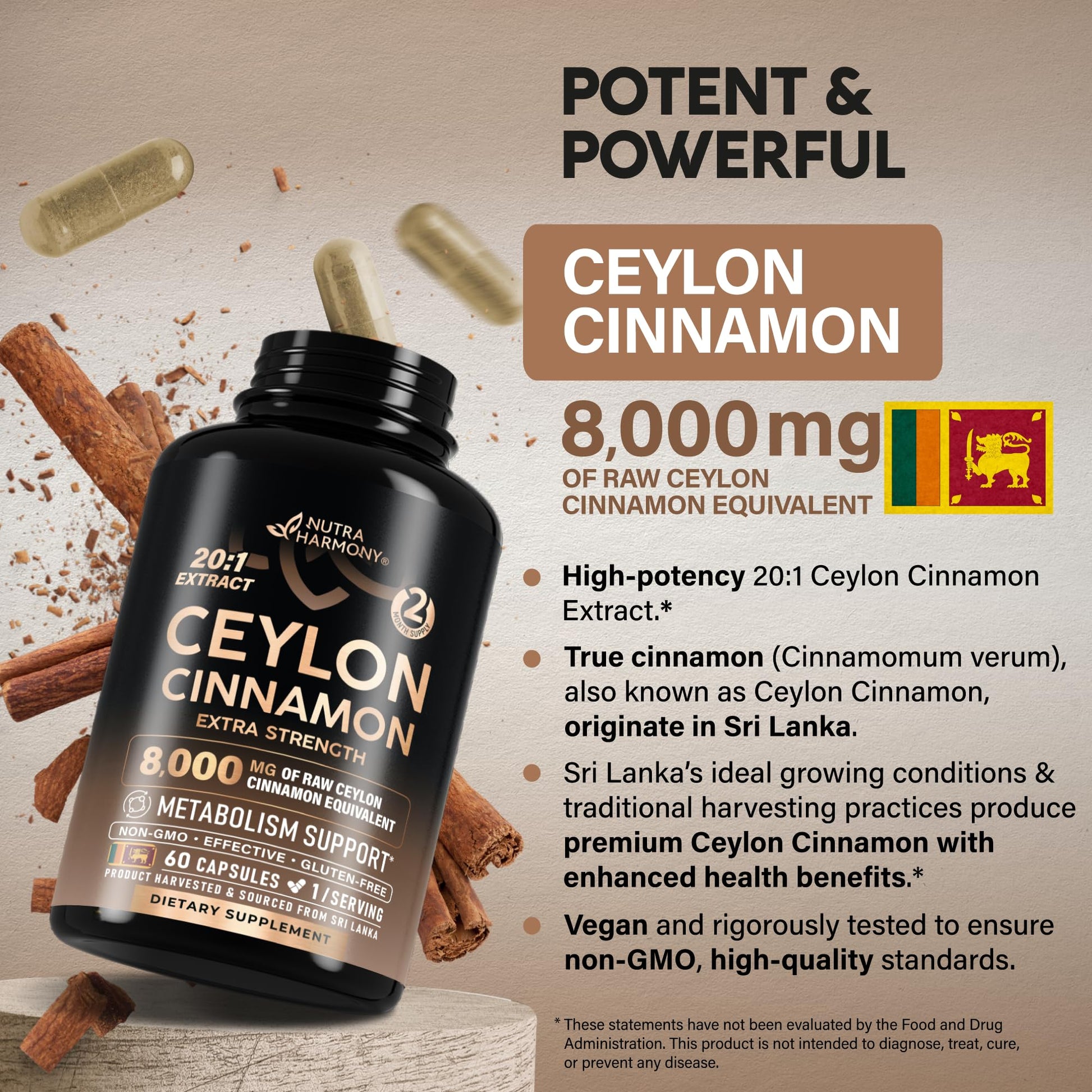Ceylon Cinnamon Capsules - Extra Strength - Energy Heart & Metabolism Support for Men & Women - Pure Natural Cinnamon 20:1 Extract Supplement NUTRAHARMONY buy supplements canada