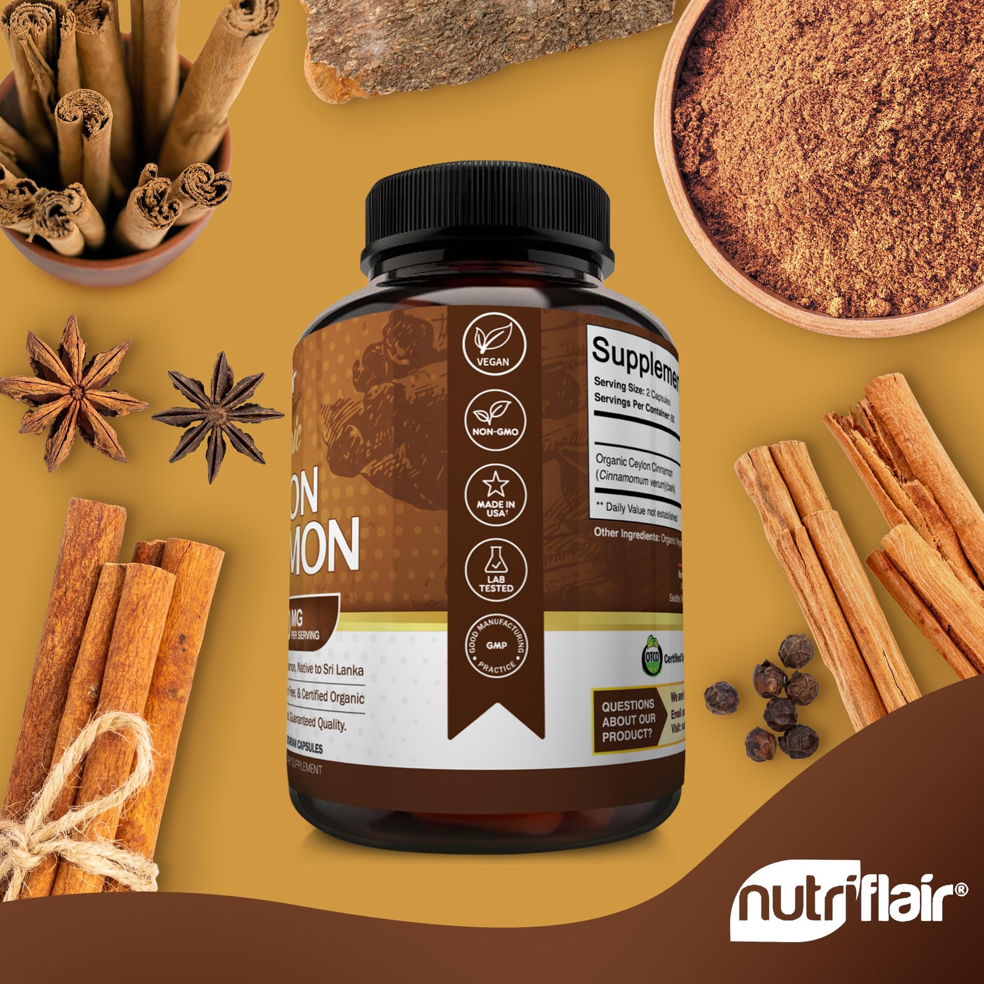 NutriFlair Organic Ceylon Cinnamon Supplement 1200mg, 120 Capsules - USDA Certified - Non-GMO, Gluten Free Powder, Antioxidant Pills NutriFlair buy supplements canada